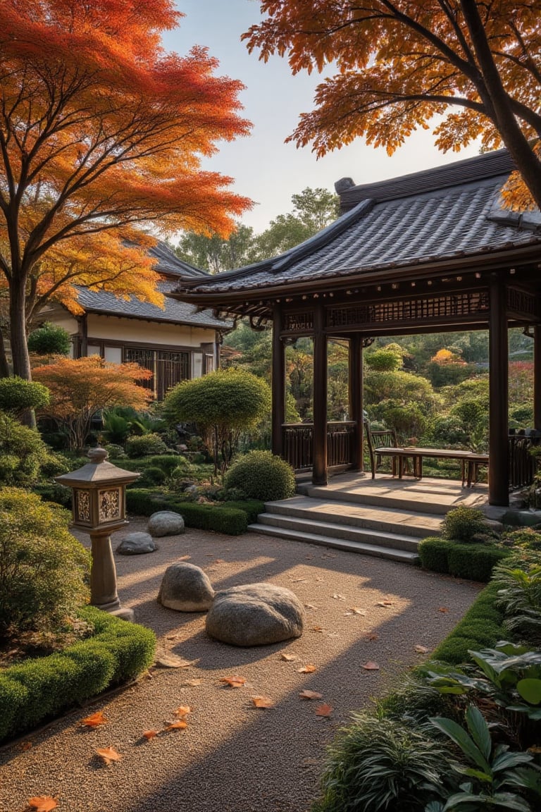 Create an image of a serene Japanese Zen garden in autumn, with a focus on the garden's natural beauty and tranquility. The scene should be framed with a wide-angle view, showcasing the garden's meticulous landscaping, featuring gravel paths, stone lanterns, and carefully arranged rocks. The lighting should be soft and warm, highlighting the vibrant autumn colors of the surrounding trees, with leaves in shades of orange, red, and yellow gently falling to the ground. The composition should emphasize the garden's harmony and balance, with a sense of peace and contemplation.