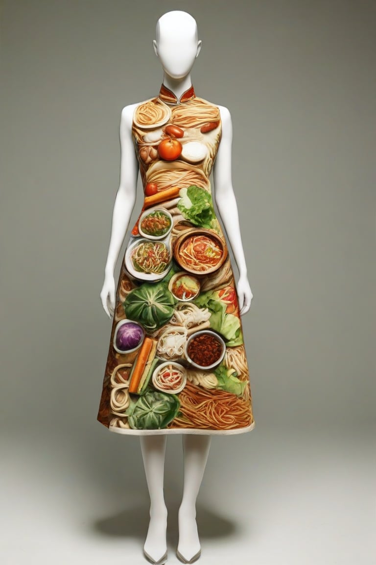 The image is an artistic representation of a female figure wearing a unique outfit. The outfit is a pencil dress that are designed to resemble a variety of the  Vietnamese white noodles, vegetables, meat, and sauces, arranged in a pattern that covers the entire garment. The figure is standing against a plain background with a textured appearance. Notable features include the detailed depiction of the food items on the clothing and the signature of the artist at the bottom right corner. The overall impression is one of creativity and fashion, blending the concept of clothing with culinary art.,Enhanced Realistic,Pho