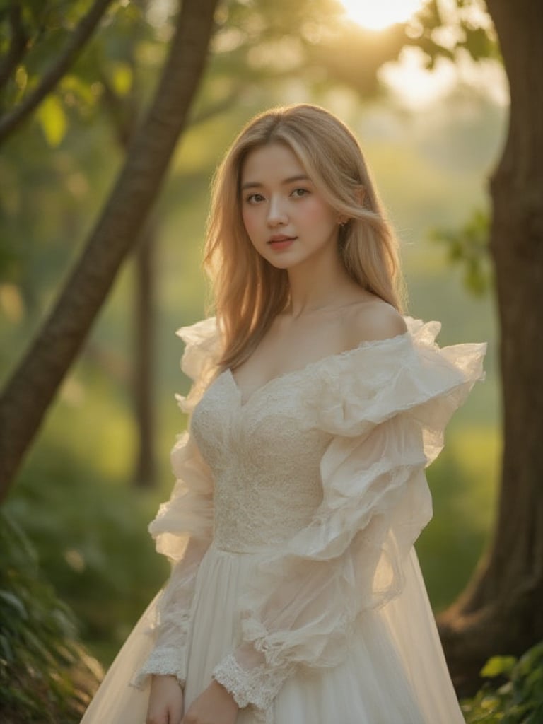 A regal princess standing tall in a lush, green forest, sunlight filtering through the trees above, casting a warm glow on her porcelain skin. Her long, golden hair flows behind her like a river of sunset hues, as she wears a flowing white gown with delicate lace trim. The camera frames her from the waist up, capturing her serene expression and gentle smile.