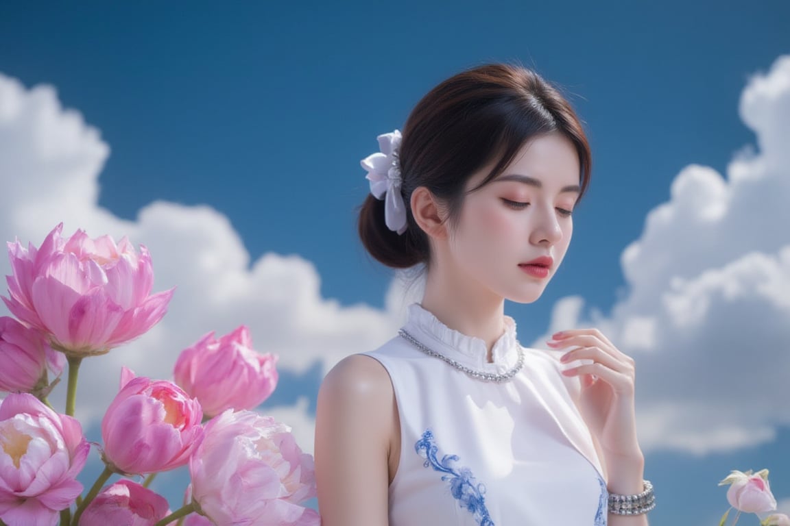 a medium-sized portrait of a young Asian woman, dressed in a white sleeveless dress, adorned with blue accents. Her hair is styled in a low bun, with a white ribbon tied around her neck. She is adorned with a silver necklace and a bracelet, adding a touch of charm to her dress. Her eyes are closed, as if she is looking down at something. The backdrop is a deep blue, with wavy white clouds in the sky, creating a striking contrast with the vibrant colors of the flowers. The flowers are arranged in a way that creates a sense of movement, adding depth to the composition.,pink art