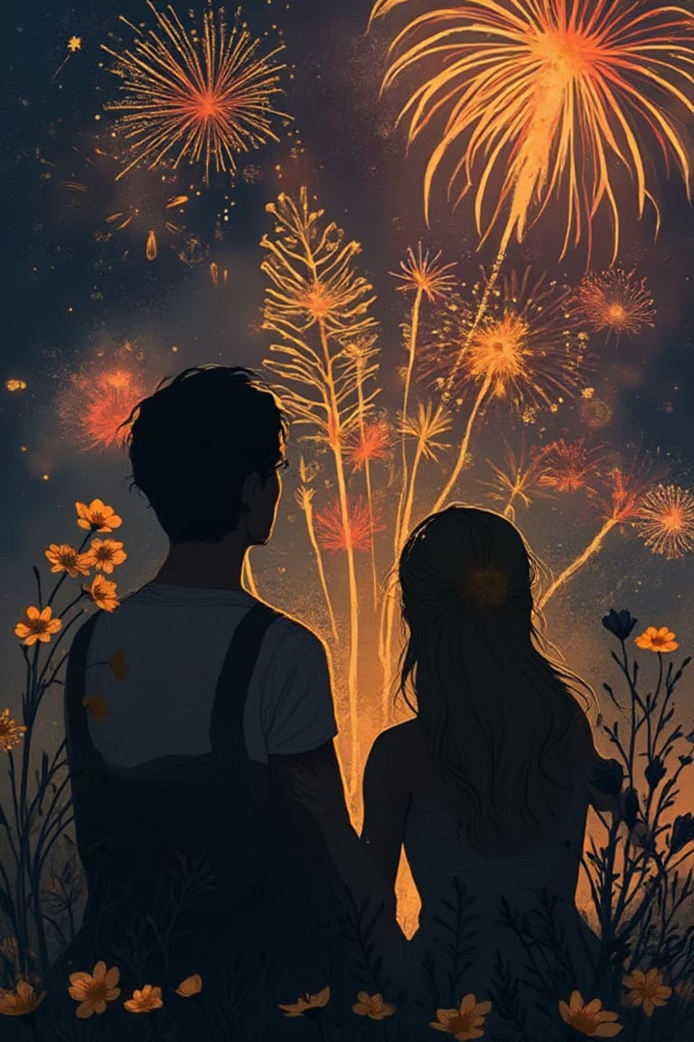 Happy Independence Day! (a couple wathcing fireworks exploding in the night sky by Conrad Roset, Nicola Samori), (purposefully beautiful:1.4), vibrant colors against a black night sky, cinematic character render,flowers,lineart,abstract