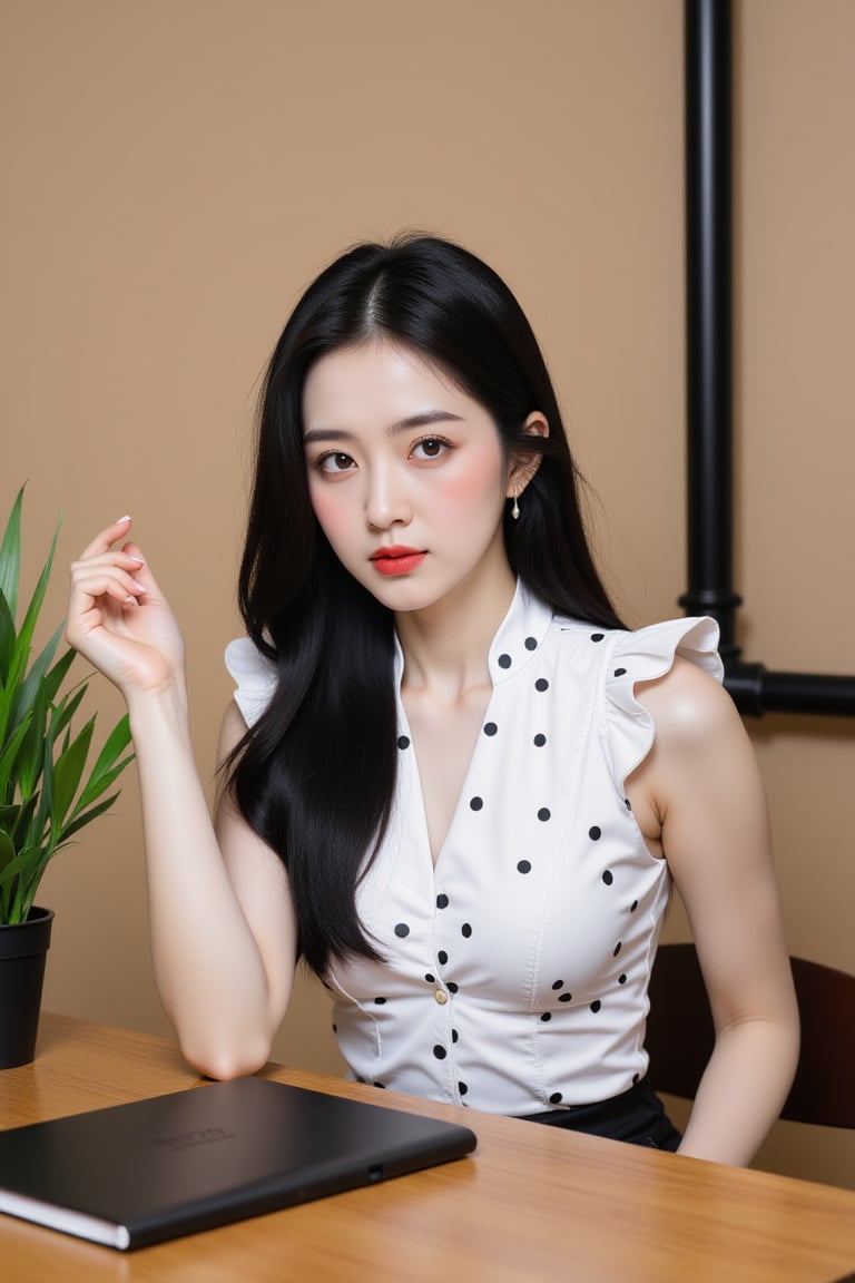 a young Asian woman with long dark hair, wearing a white sleeveless blouse adorned with black polka dots. She is seated at a brown wooden table, her left hand raised in the air, her right hand resting on her hip. A black notebook rests on the table in front of her, adding a touch of contrast to her outfit. To the left of the woman, a potted plant is visible. The backdrop is a light brown wall, with a black pipe running vertically to the right of the image.,wonder beauty