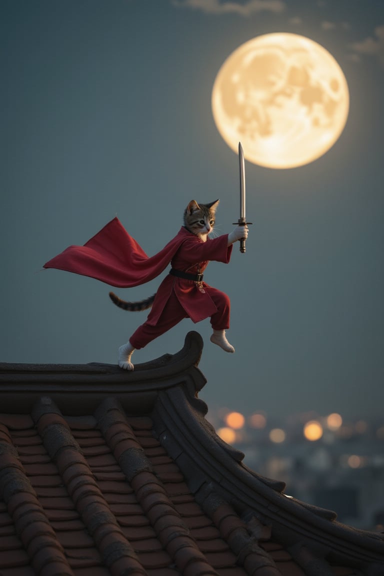 Cinematic long shot of a fearless warrior-kitten perched atop a tiled rooftop, sword at the ready as they soar through the air, feet dangling just above the edge. A flowing ancient Chinese robe billows behind them like a cape, illuminated by the radiant glow of a bright moon hanging low in the night sky. In a flash of martial arts prowess, the kitten's movements are a blur of paws and swordwork, defying gravity and capturing the essence of Chinese combat.