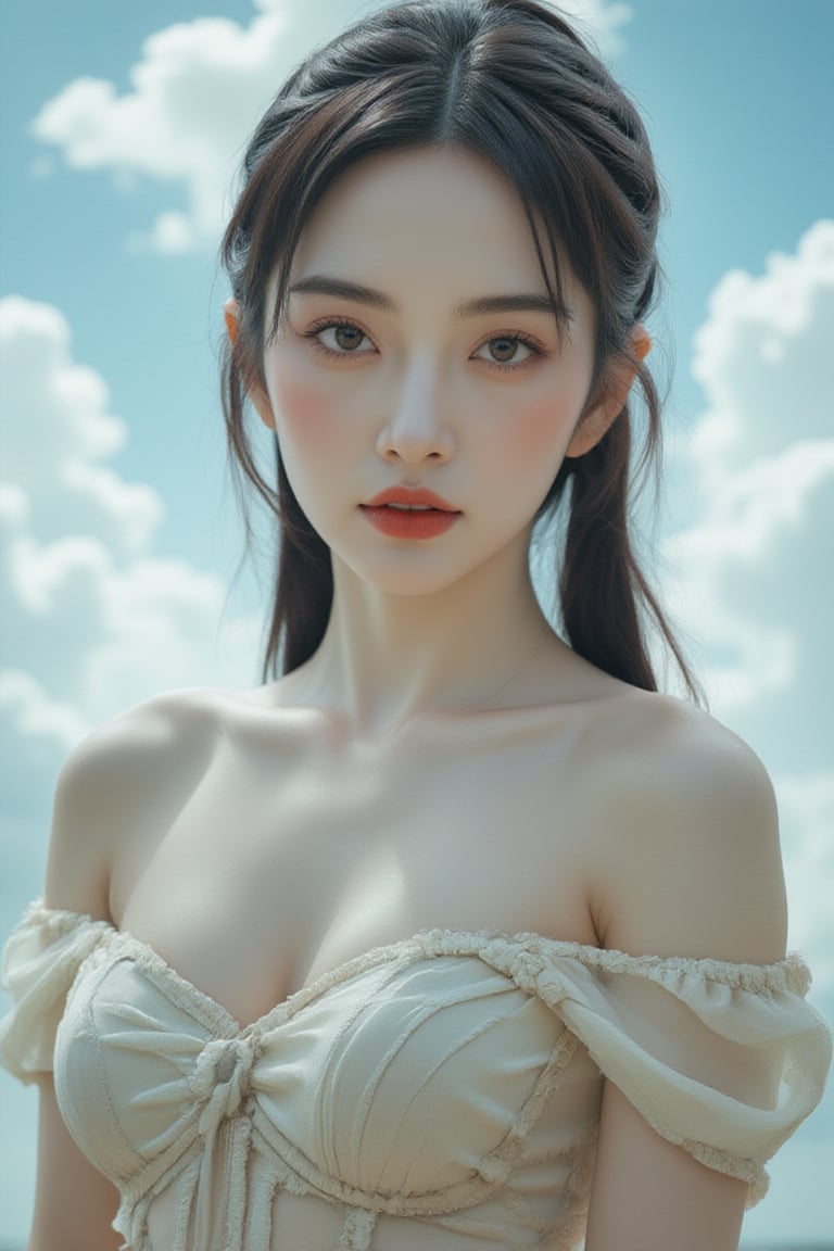 Byzantine girl with blue sky and white clouds background, sexy outfit, upper body, front view, (Masterpiece, Top Quality, Top Image Quality, Official Art, Aesthetic and Beautiful:1.2), (1girl:1.4), white beautiful skin, smiling face, portrait, extreme color, highest definition, simple background, 16K, high resolution Perfect Dynamic Composition, Bokeh, (Sharp Focus:1.2), Ultra Wide Angle, High Angle, High Color Contrast, Medium Shot, Depth of Field, Background Blur,,itacstl