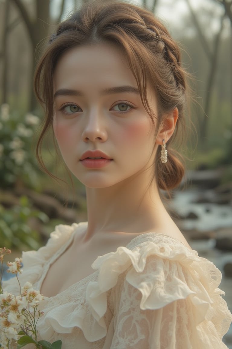 A serene and delicate portrait of an individual's visage, set amidst a picturesque spring landscape. The subject's ultra-detailed features - eyes, mouth, hands, and clothes - are rendered with utmost precision. Amidst the lush forest and meandering rivers, their gentle expression radiates harmony. In the background, symmetrical intricate details and sharpened scenery converge to create an immersive atmosphere, reminiscent of a best-quality impressionist masterpiece.,Enhanced all,luxury style,babe