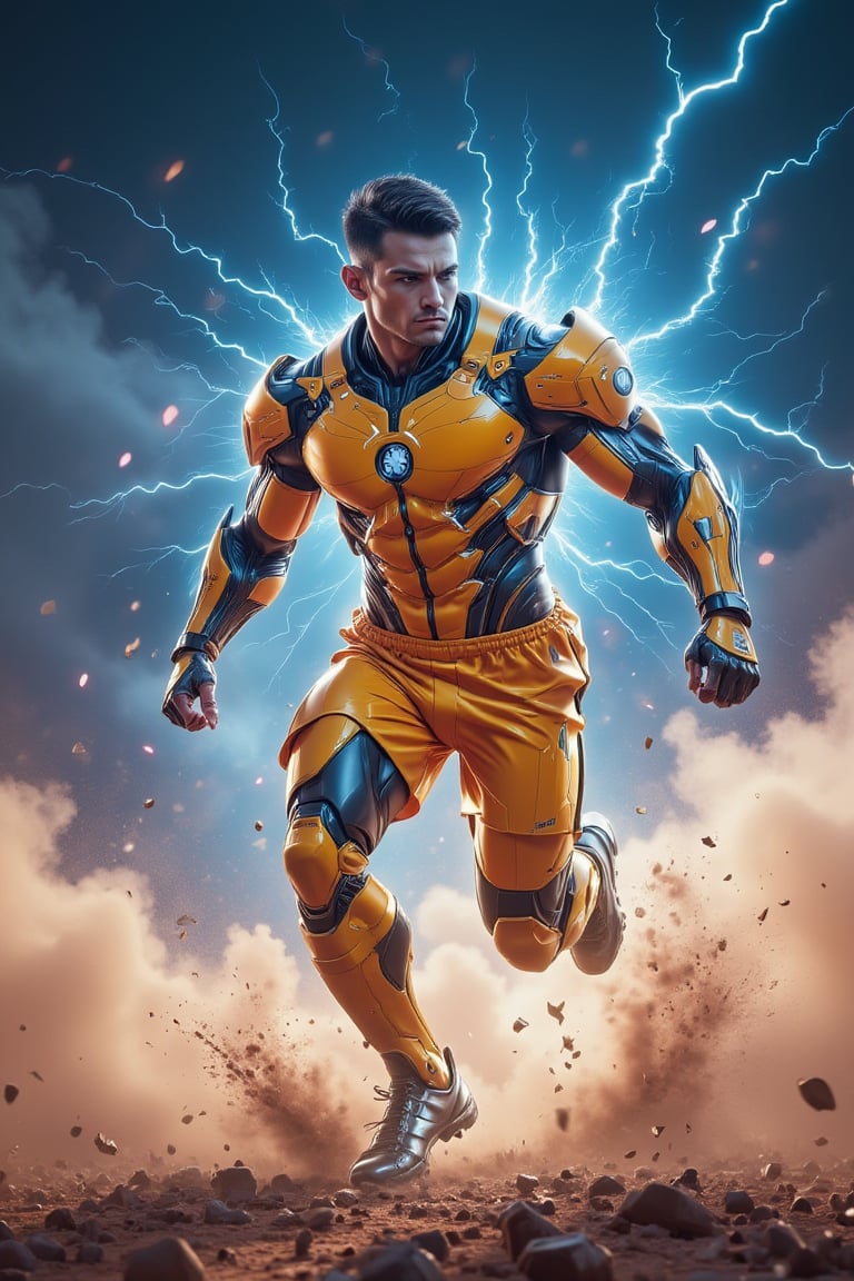 A futuristic mecha soccer player bursts forth from a cloud of swirling dust and debris, muscles rippling beneath gleaming metallic skin as he leaps into mid-air, illuminated by a brilliant flash of electric blue lightning that crackles across the darkening sky. His determined face stands out in stark relief against the vibrant hues of orange and yellow, set against a backdrop of deep blues and purples.