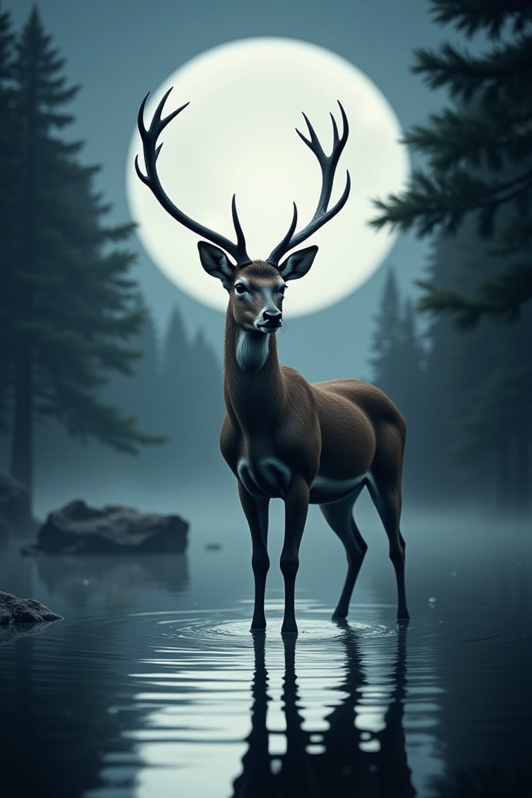 Detailed fine art print of a (Beautiful Deer, fluffy) standing in a moonlit beam, professional sinister concept art, by Art germ and Greg Rutkowski, water, reflection, an intricate, elegant and highly detailed digital painting, concept art , sharp soft focus, illustration, in the style of Simon Stalenhag, Wayne Barlowe and Igor Kierluk, an intricate, elegant and highly detailed digital painting, conceptual art award, colorful sharp soft focus, illustration, in the style of simon stalenhag, wayne barlowe and igor kieryluk.,wonder beauty