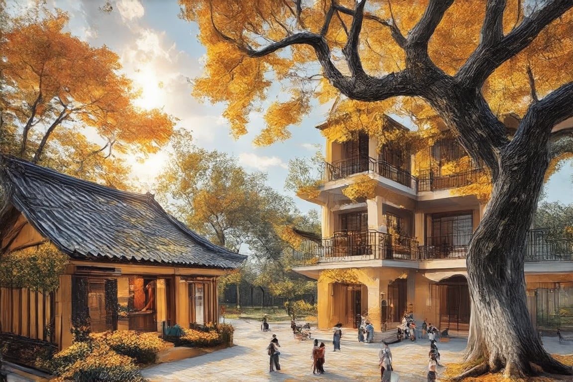 The image is a detailed architectural drawing of a building that exhibits characteristics of traditional East Asian architecture. The structure features a multi-tiered roof with upturned eaves, which is a common design element in regions like China and Japan. The main body of the building has multiple levels, with balconies on the upper floors, indicating that it may serve a communal or ceremonial purpose. The presence of the tree suggests that the building is situated in a landscaped area, possibly a park or a courtyard within a larger complex. .,Autumn landscape,Perfect Architecture,Autumn landscape,Modern Art drawing