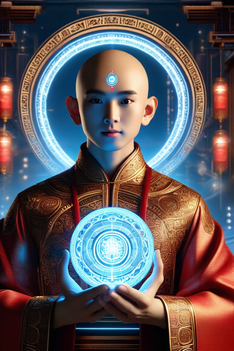 A majestic bald figure with East Asian features wears ornate traditional attire adorned with circular patterns and intricate designs, central forehead marking aglow. Richly decorated robe shines with golden and red motifs, signifying high status or ceremonial significance. Glowing orb in hand emits blue light, focal point amidst futuristic background blending ancient traditions with technological elements, suggesting a harmonious fusion of legacy, power, and enlightenment.