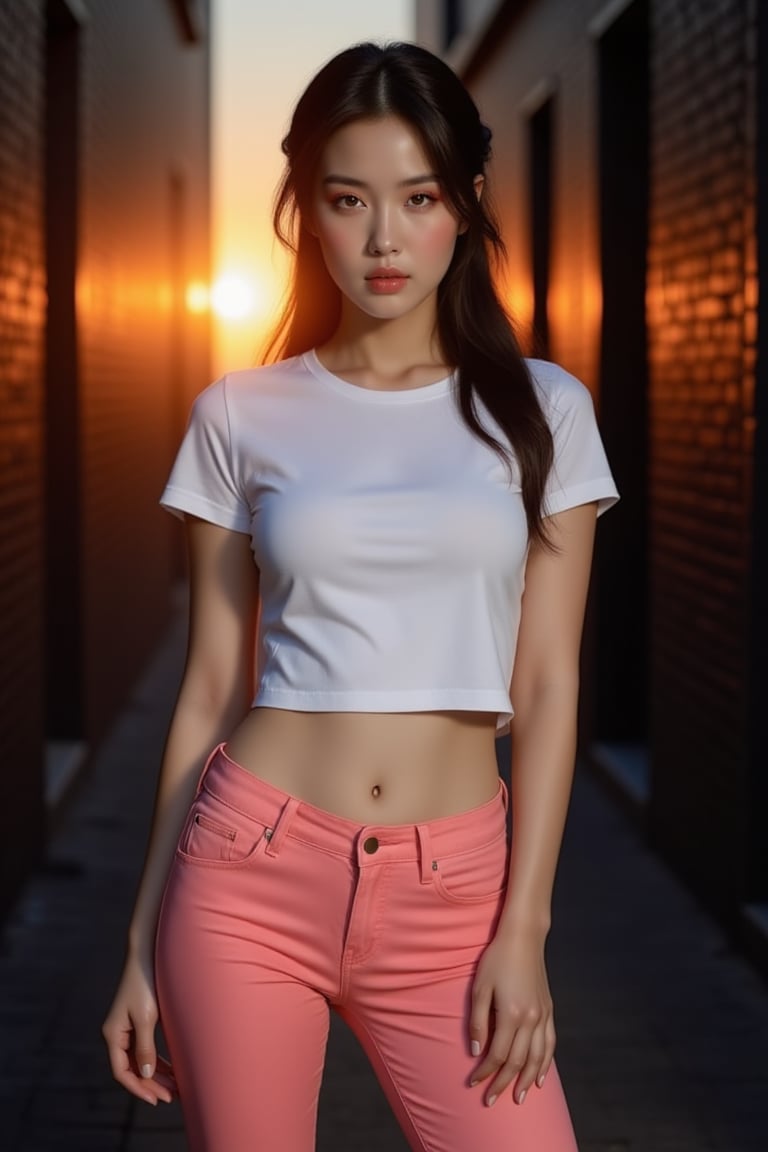 Go Min-sin stands confidently in a dimly lit alleyway, the setting sun casting a warm orange glow at dusk. She poses with bold intensity, her piercing gaze directed straight into the camera's lens as if daring the viewer to look away. Her pink tight trousers are scandalously short, accentuating her toned legs and contrasting sharply with the crisp white T-shirt that highlights her athletic physique. The dark alleyway serves as a striking backdrop, its shadows and warm light further emphasizing Go Min-sin's powerful pose and unapologetic confidence.