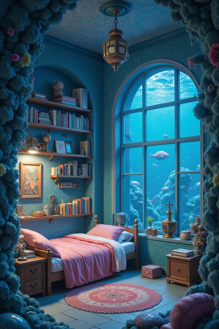 a cozy steampunk bedroom at the bottom of the ocean, bunk bed, books, aquarium, large window, vibrant colors, Studio Ghibli, StdGBRedmAF, lineart