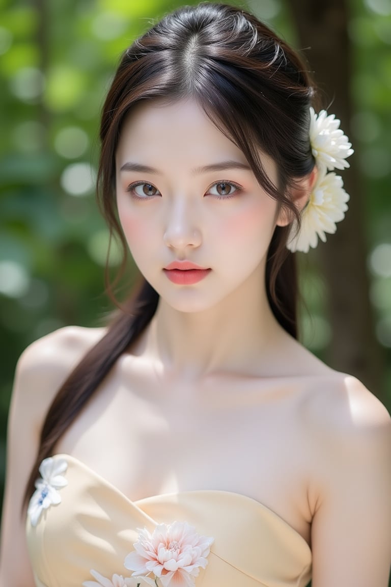 A close-up shot of a young Asian woman with long dark brown hair and two white flowers in her hair. She is wearing a beige strapless dress with a floral design on the front. Her eyes are a piercing blue and her lips are a darker pink. Her hair is pulled back in a ponytail. The background is blurred, but there are green trees in the background.,wonder beauty