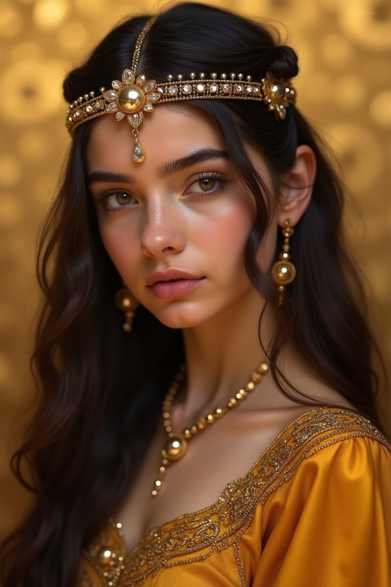 A portrait of a Byzantine style girl with golden background. (masterpiece, top quality, best quality, official art, beautiful and aesthetic:1.2), (1girl:1.4), portrait, extreme detailed, highest detailed, simple background, 16k, high resolution, perfect dynamic composition, bokeh, (sharp focus:1.2), super wide angle, high angle, high color contrast, medium shot, depth of field, blurry background,,itacstl