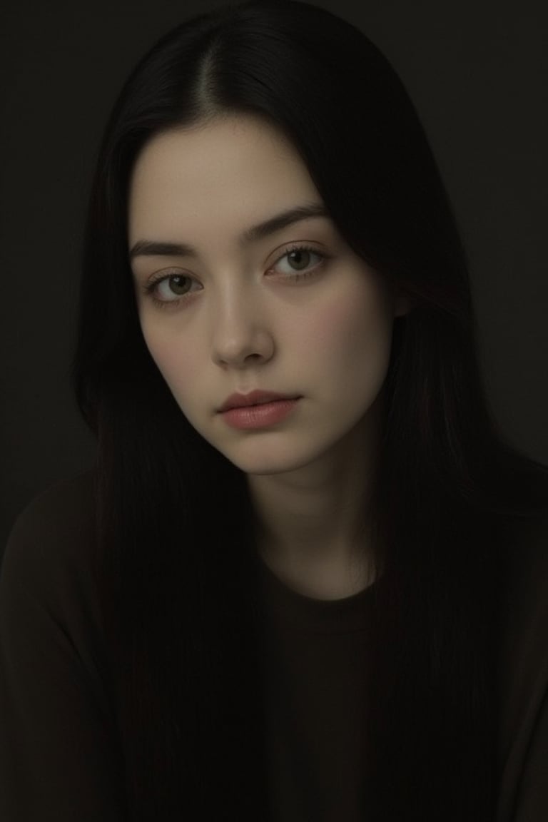 A close-up shot of the young woman's face, her piercing green eyes gazing directly into the camera lens. She sits calmly in a dimly lit studio, her raven-black hair falling in loose waves down her back. A single spotlight casts a warm glow on her porcelain skin, accentuating the subtle contours of her features. The soft focus and dramatic lighting create an intimate atmosphere, drawing the viewer's attention to the subject's enigmatic expression.,t-shirt,Enhanced all