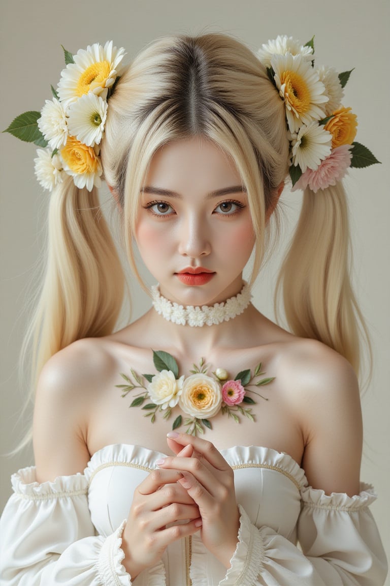 A masterpiece of exquisite beauty: a stunning young woman with long, luscious blonde hair, intricately entwined with vibrant flowers and leaves in shades of white and yellow. She wears a delicate white top adorned with ruffled detailing and a charming embroidered pastel floral chest motif. Billowy sleeves frame her shoulders before tapering to wrists, where her hands are clasped together in contemplation. The overall effect is one of breathtaking elegance and attention to detail.,wonder beauty,Enhanced all,luxury style