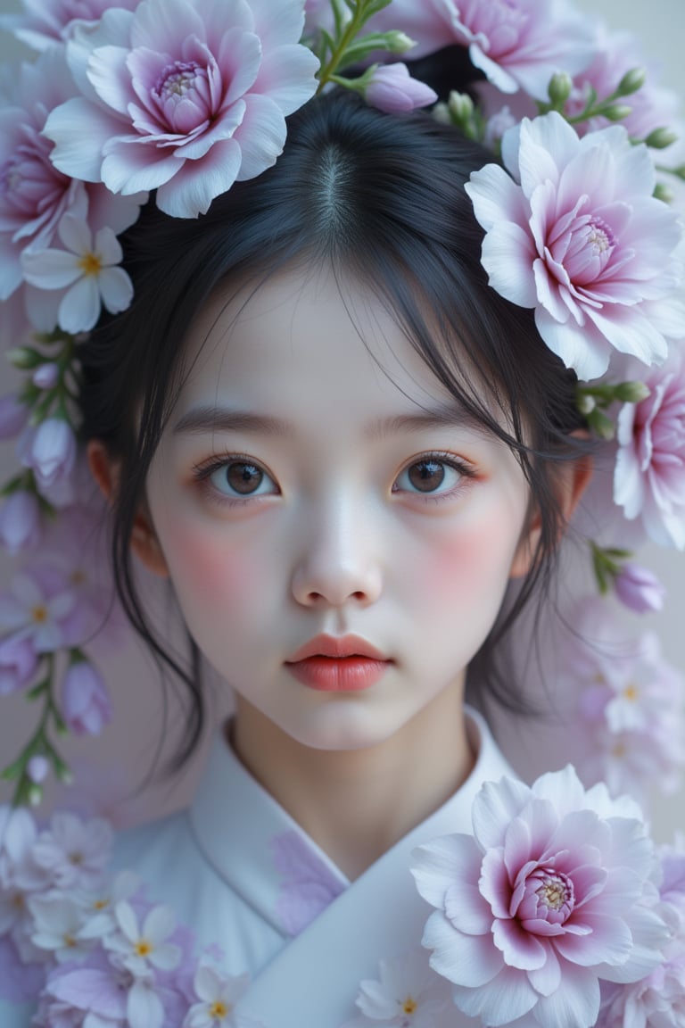 a head shot of a young Chinese girl covered in white and purple flowers, in the style of cyberpunk realism, charming realism, exaggerated facial features, high resolution, enchanted realism, pale palette --chaos 5 --ar 2:3 --style raw --stylize 750 --v 6