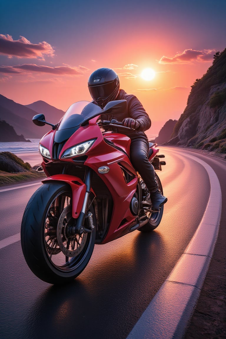 A high-octane scene unfolds as a sleek, neon-lit motorcycle, evoking the radical spirit of 80s Japan, zooms across a futuristic, geometric mountain range, bathed in the warm glow of a retro-style sun with rays resembling cassette tapes. The motorbike's curves harmonize with the angular peaks, while its bold design screams of nostalgia and rebelliousness.