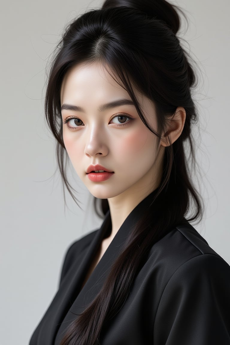 women. beautiful detailed face, black hair, pale skin, light skin, realistic skin, detailed fabric texture, detailed hair texture, perfect proportion, accurate, anatomically correct, highly detailed skin and face texture, modern, photorealistic, perfect face, hyper realism, mega realism, high quality. warrior, ancient mongolia, messy hairstyle. whole body. black pants, black boots,wonder beauty,Enhanced all,luxury style