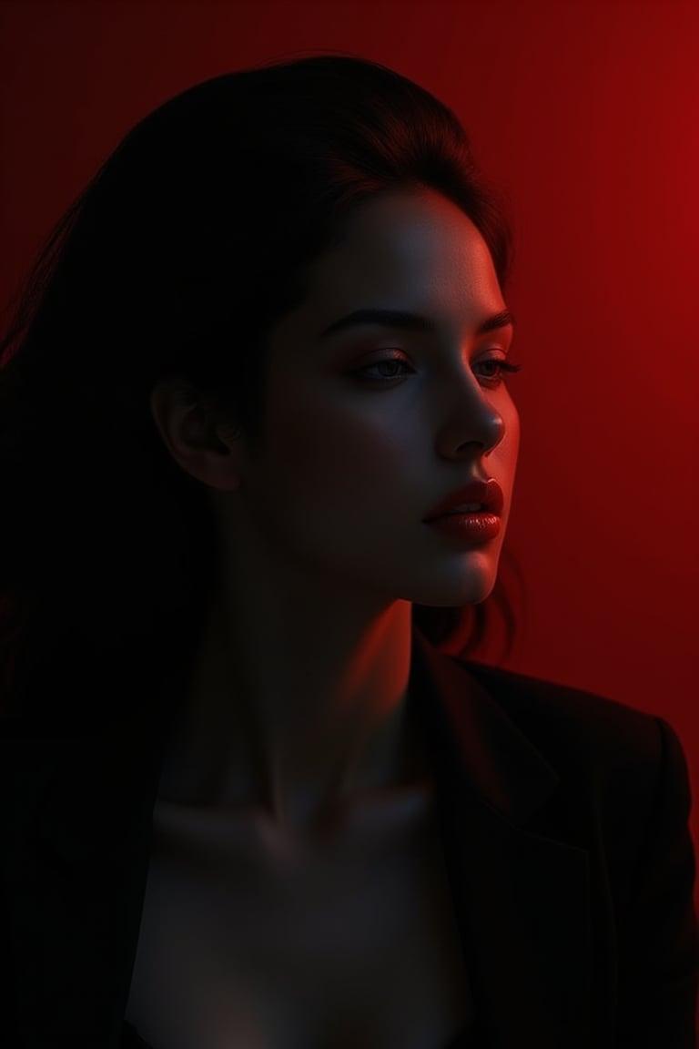 A captivating, minimalist cinematic art piece that features a mesmerizing female figure. The woman's dark silhouette is accentuated by her bold, red lips, which starkly contrast against the deep, dark background. The image exudes a surreal and dreamy atmosphere, with an abstract touch that enhances its mysterious allure. The overall composition is striking, creating a sense of depth and dimension that draws the viewer into the scene., cinematic,luxury style