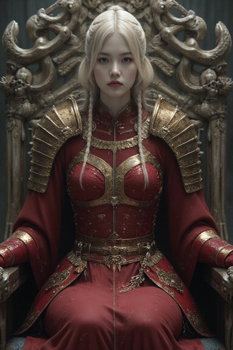 breathtaking RAW photo of female (Hayao Miyazaki style ~ ((20 years old)) Scandinavian blonde female warrior sitting on a bone throne, red armor, highly detailed and intricate, dynamic pose, more detail XL, tetradic colors, epic masterpiece, cinematic experience, 8k, dark fantasy digital art

)), dark and moody style, perfect face, outstretched perfect hands . masterpiece, professional, award-winning, intricate details, ultra high detailed, 64k, dramatic light, volumetric light, dynamic lighting, Epic, splash art .. ), by james jean $, roby dwi antono $, ross tran $. francis bacon $, michal mraz $, adrian ghenie $, petra cortright $, gerhard richter $, takato yamamoto $, ashley wood, tense atmospheric, , , , sooyaaa,IMGFIX,Comic Book-Style,Movie Aesthetic,action shot,photo r3al,bad quality image,oil painting, cinematic moviemaker style,Japan Vibes,H effect,koh_yunjung ,koh_yunjung,kwon-nara,sooyaaa,colorful,bones,skulls,armor,han-hyoju-xl ,DonMn1ghtm4reXL, ct-fujiii
,oiran,furisode,ct-jeniiii, ct-goeuun,yaya, HanFu,golden kimono,kamado nezuko,sword maiden,theresa apocalypse,koling,ct-rosseeiiee,ct-rosseeiiee,ct-virtual