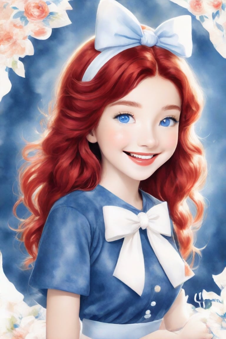 (Author Conrad Rosset), (1949s, 17-year-old girl, cute smile, blue eyes, long curly hair, blue hair, white ribbon, wink), mixed color watercolor, drawing, (deliberately beautiful),Cartoon,redhead,Elite beauty,Supreme,1girl