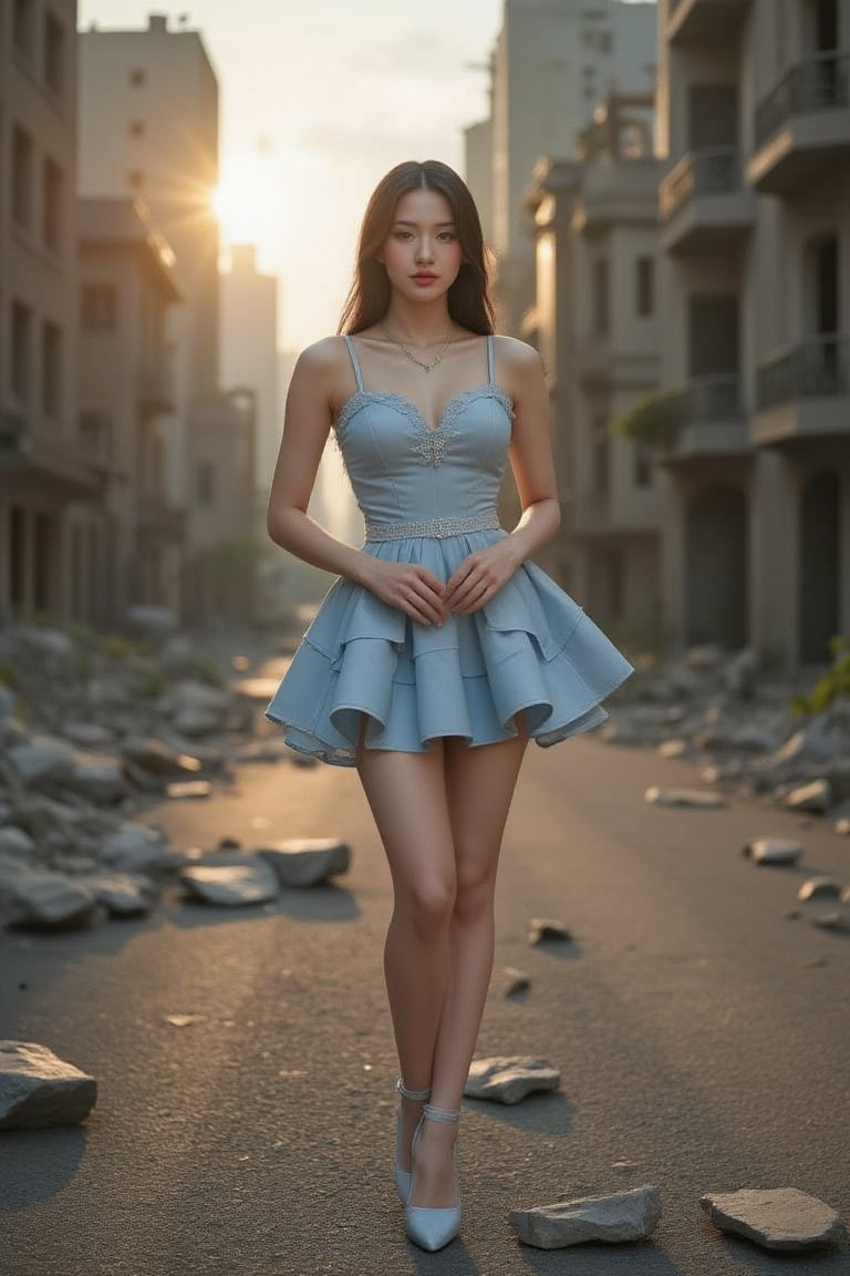 A cinematic photo of a stunning model dressed in light blue with open shoes, luxury dress, in the style of multi-layered textures, ornamental details, gothic core, highly detailed, photorealism, attractive and gorgeous beauty, while standing dominantly and confidently in a desolate place. , dark post-apocalyptic cityscape, capturing the stark juxtaposition of beauty and decay, with the model's perfect skin shining like a beacon of hope amidst the devastated cityscape. Photographed with a focused depth of field to blur the gloomy surroundings, emphasizing her striking, rebellious pose. full body, golden hour.