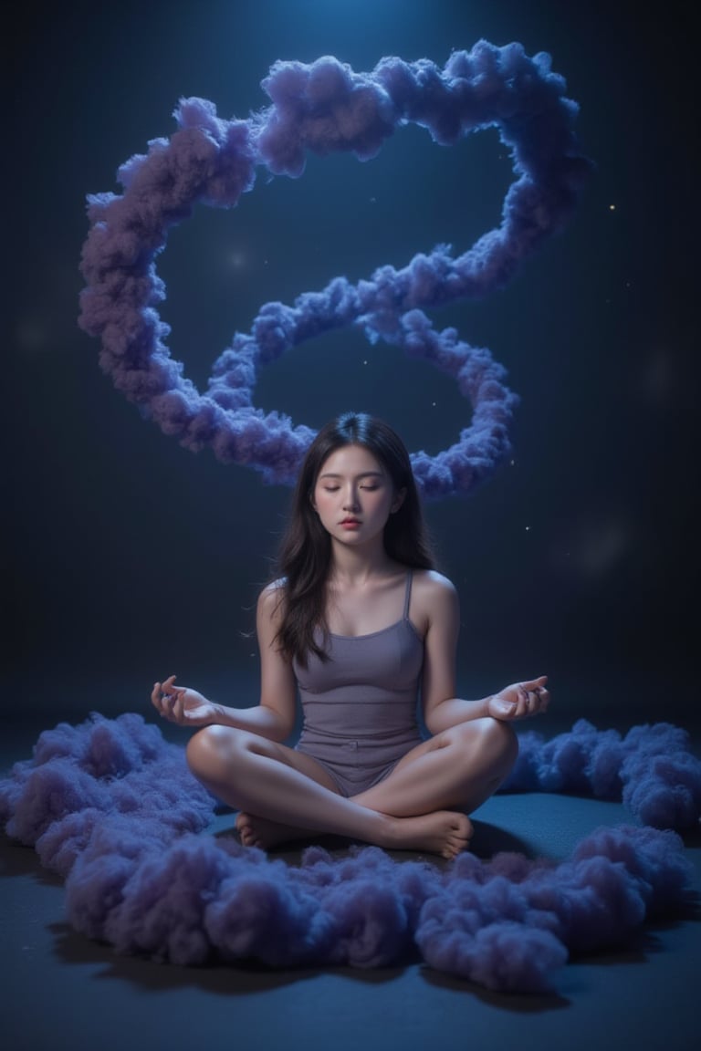 A surreal still life: A young girl sits cross-legged on a dark, starry background, her eyes closed in concentration. She's surrounded by swirling clouds of purple and blue gases, echoing the cosmic vortex of a black hole. Her hands rest palms-upward, as if channeling the celestial forces. The lighting is dim, with faint streaks of light tracing the curves of the galactic dust.,wonder beauty,Art