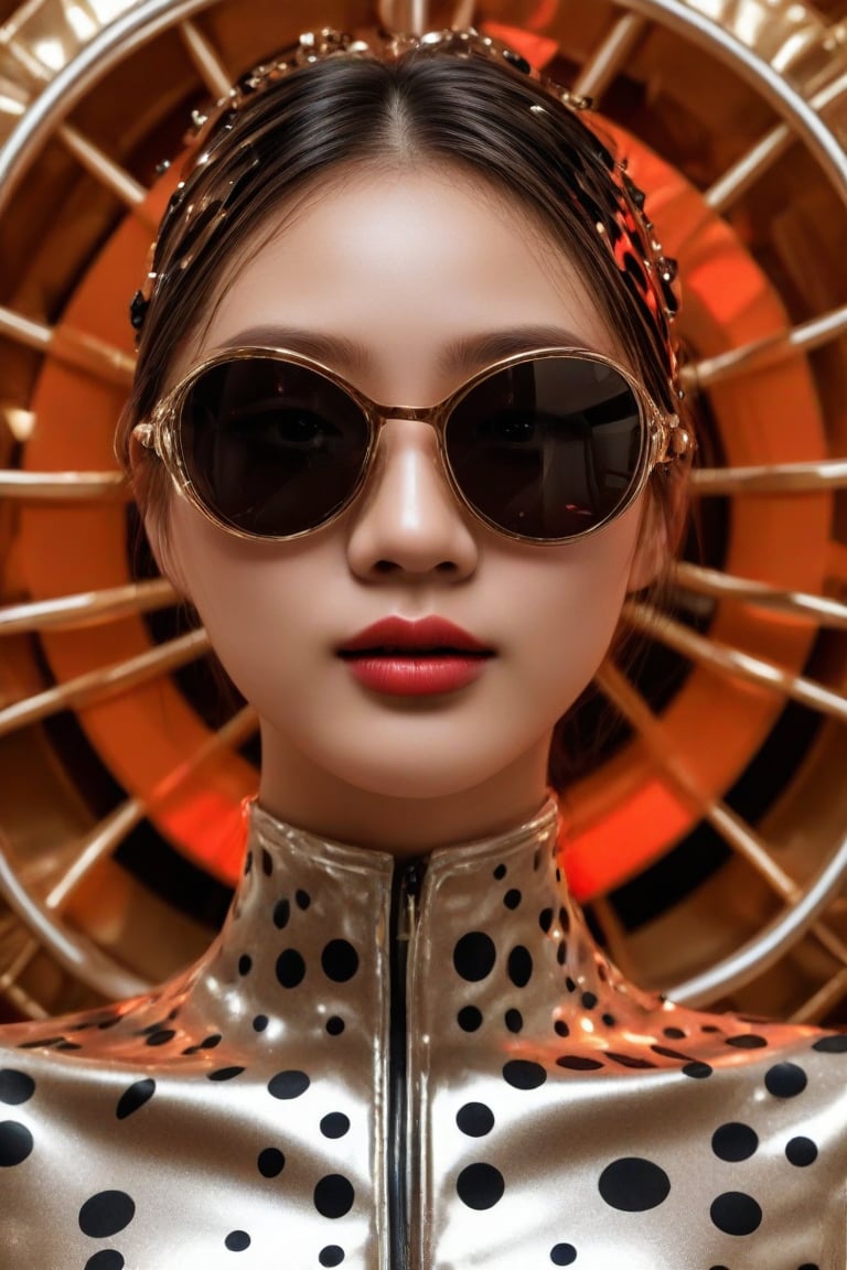 The image depicts a portrait of a person with stylized features. The a woman wears and wears black dots on her head, in the style of futuristic fantasy, 3d, metallic sculpture, elegant, emotive faces, dark Orange and red and light silver,her eyes wearin a futuristic sun glasses algorithmic artistry, high resolution. The background is blurred with hints of gold tones, which serve to highlight the subject without distracting from the intricate details of the jewelry and makeup.,1girl,Supreme