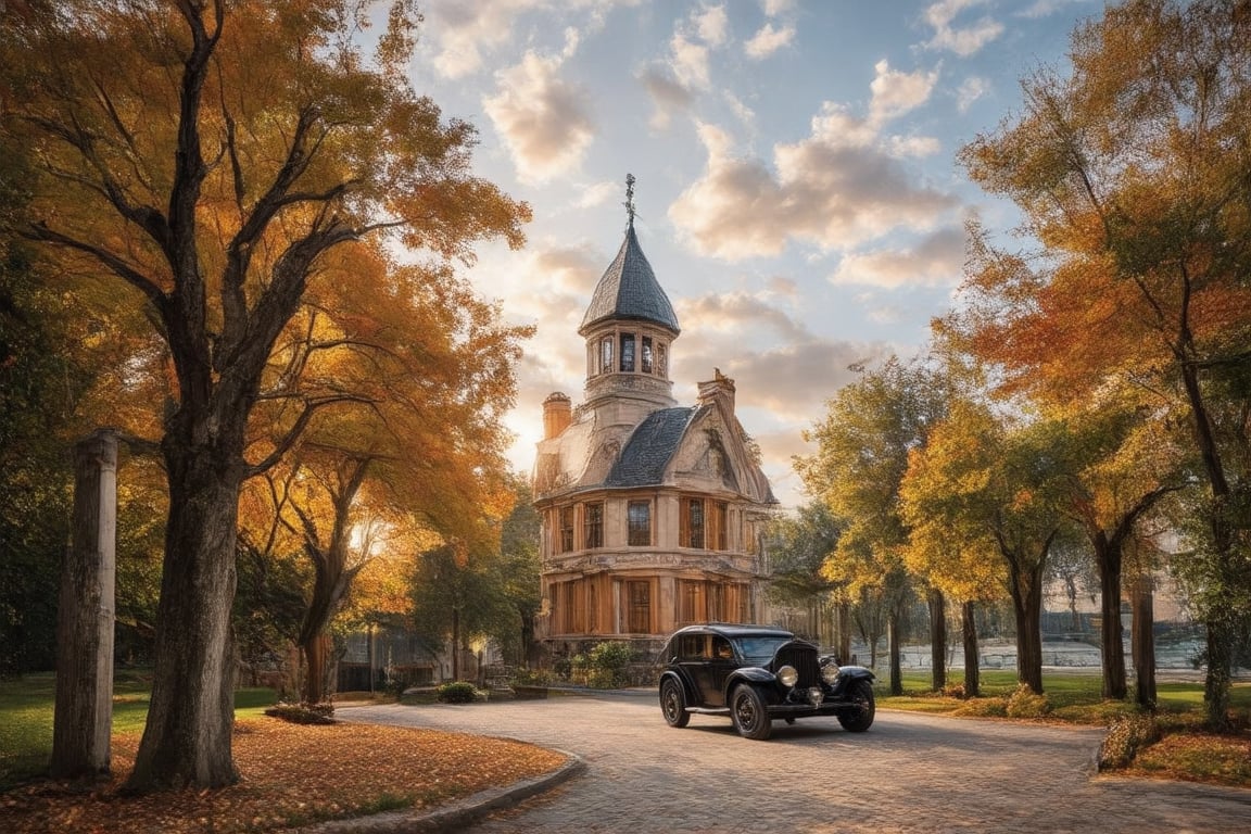 A majestic black 1920s Rolls-Royce majestically parked on a tree-lined road, framed by a sprawling Victorian mansion with a towering spire and prominent tower. The autumnal foliage, ablaze with vibrant orange and brown hues, creates warmth and depth. Overcast skies cast a moody atmosphere, contrasting the timeless elegance of the vehicle against the grandeur of the manor, set amidst a picturesque landscape.,Autumn landscape 