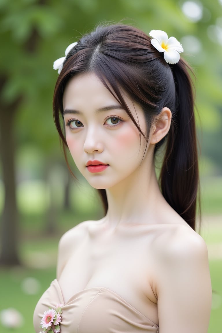 A close-up shot of a young Asian woman with long dark brown hair and two white flowers in her hair. She is wearing a beige strapless dress with a floral design on the front. Her eyes are a piercing blue and her lips are a darker pink. Her hair is pulled back in a ponytail. The background is blurred, but there are green trees in the background.,wonder beauty