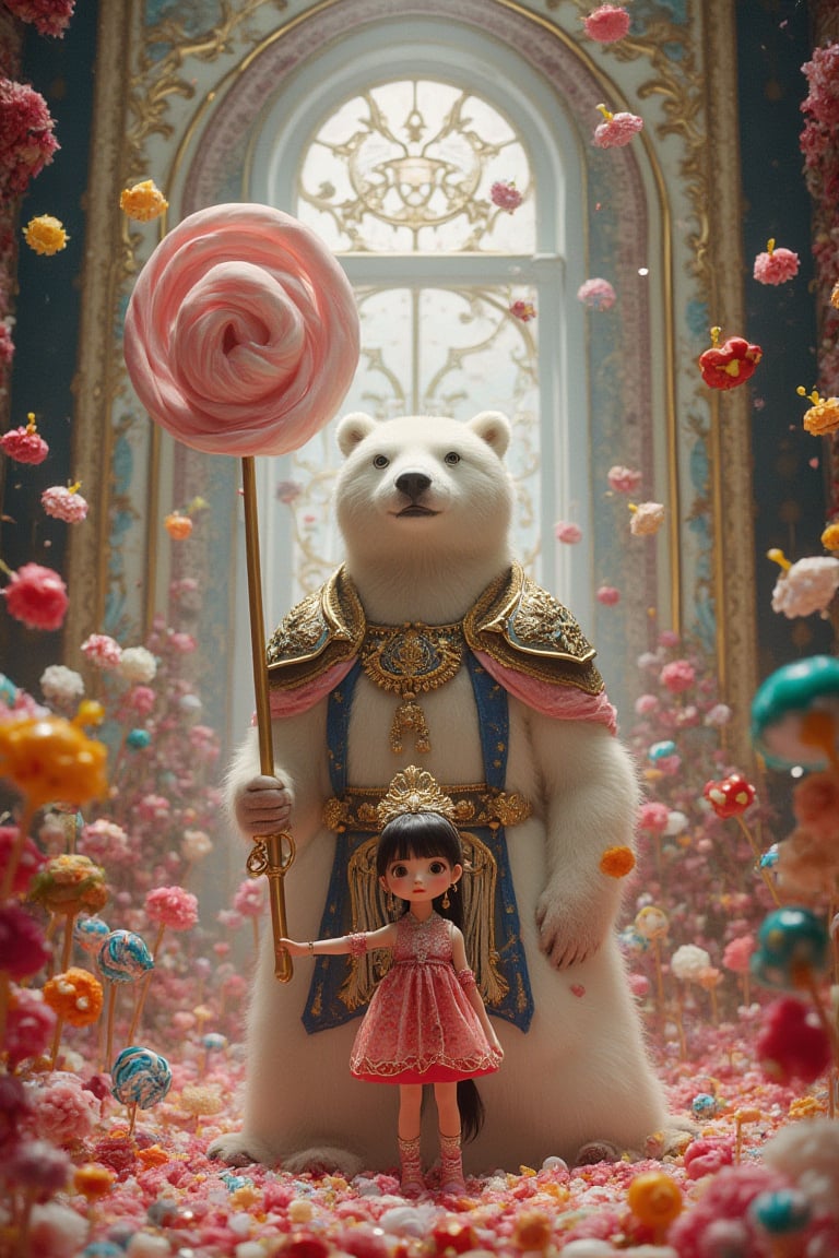 A vibrant, technicolor dreamworld unfurls before us: sugary treats swirl in a colorful maelstrom within the opulent halls of a majestic villa's grandeur. A petite Vietnamese doll-like girl, adorned with intricate details, stands resolute amidst the whirlwind of lollipops and gumdrops. Her trusty regal white bear companion, donning ornate armor and finery, stands stalwart by her side as they prepare to face the foreboding darkness in a heroic struggle, the dynamic duo poised at the threshold of adventure.