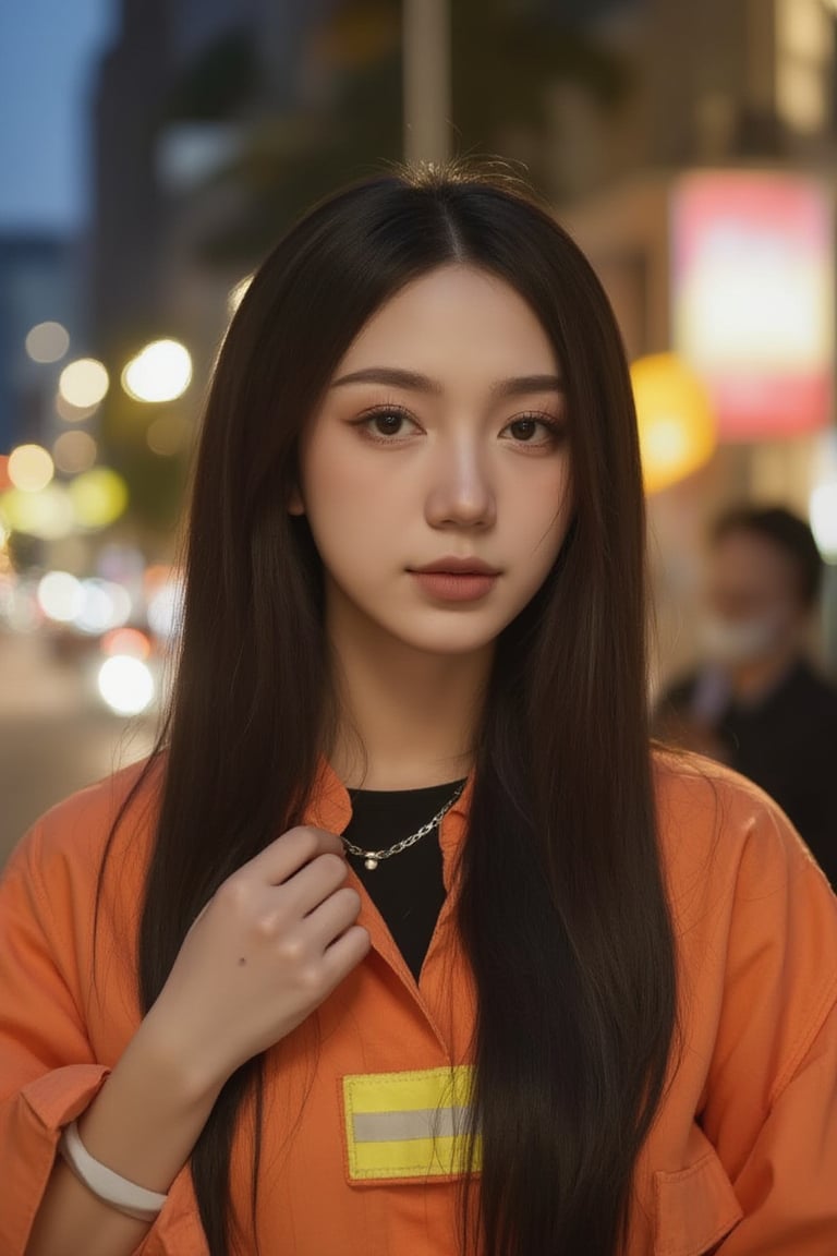 Soft focus portrait of Mei: A golden glow from a nearby streetlamp casts a warm sidelight on her porcelain skin, accentuating the delicate features beneath her firefighter's jumpsuit. Her hazel eyes sparkle with determination and vulnerability as she poses confidently, lips subtly curved. The urban landscape behind fades to blur, emphasizing her powerful presence. Shallow depth of field and film grain add texture, Mei's face and body the main focus.