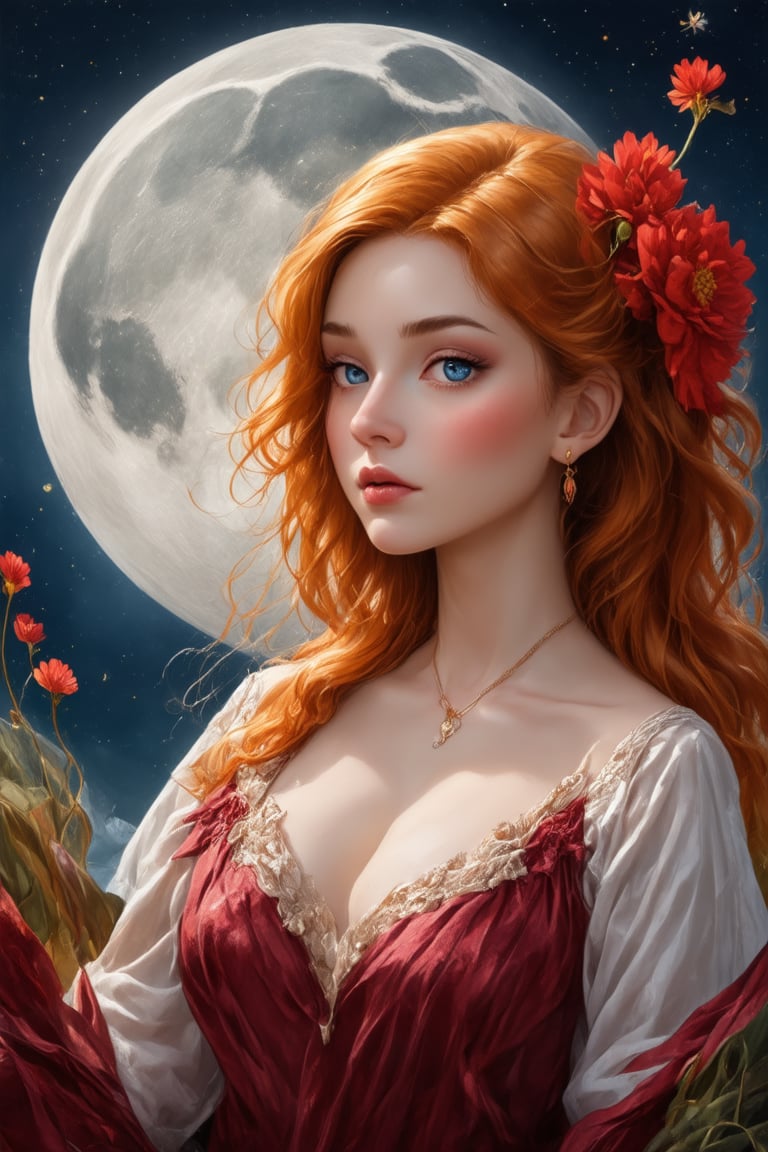 (1girl, face focus, medium shot, gracefully, golden petals and red flowers form intricate patterns against the backdrop of the moon, reminiscent of the styles of Yoann Lossel, Cyril Rolando, Nan Goldin, Lee Bontecou, and Loish), Detailed texture, High quality, High resolution, High precision, Realism, Color correction, Proper lighting settings, Harmonious composition, Behance Works,detail-rendering,Watercolor,Realistic Enhance,redhead