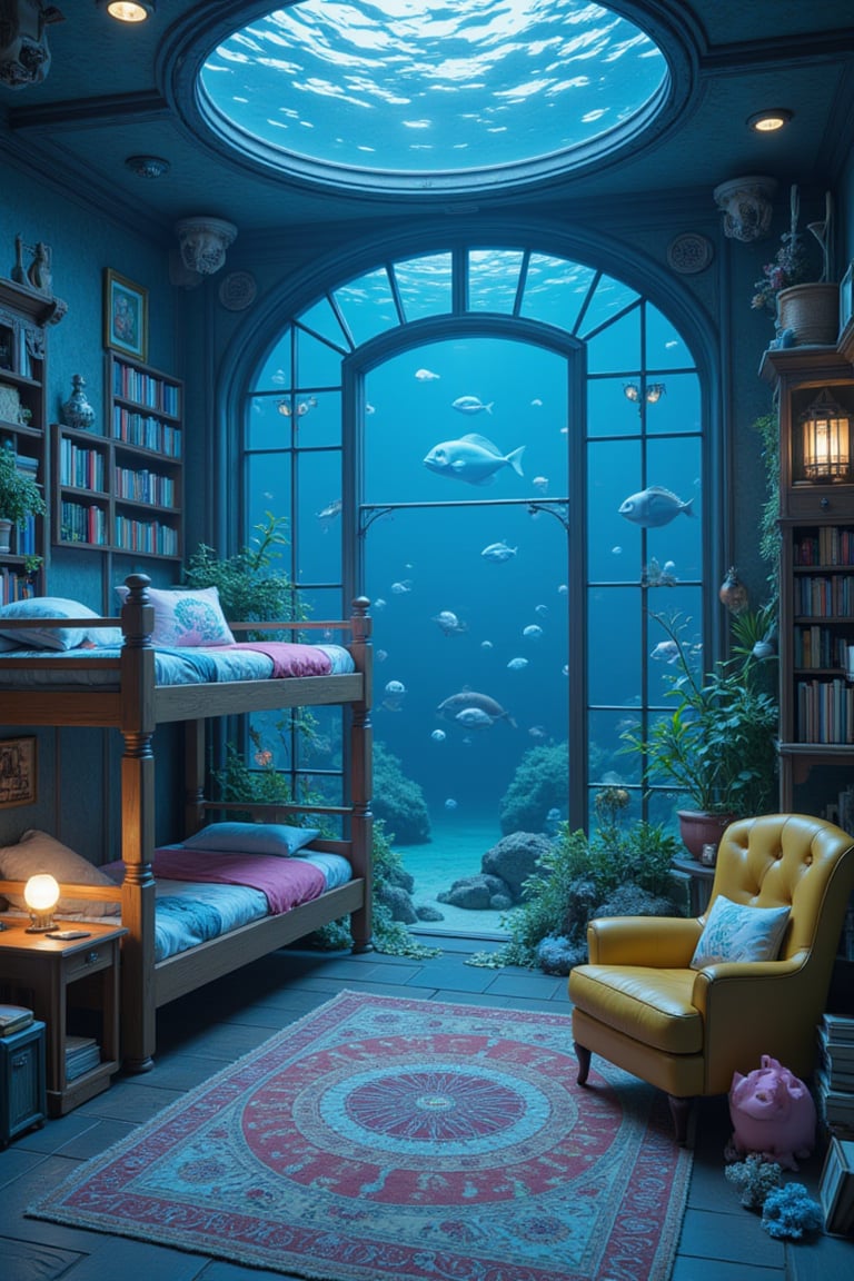 a cozy steampunk bedroom at the bottom of the ocean, bunk bed, books, aquarium, large window, vibrant colors, Studio Ghibli, StdGBRedmAF, lineart