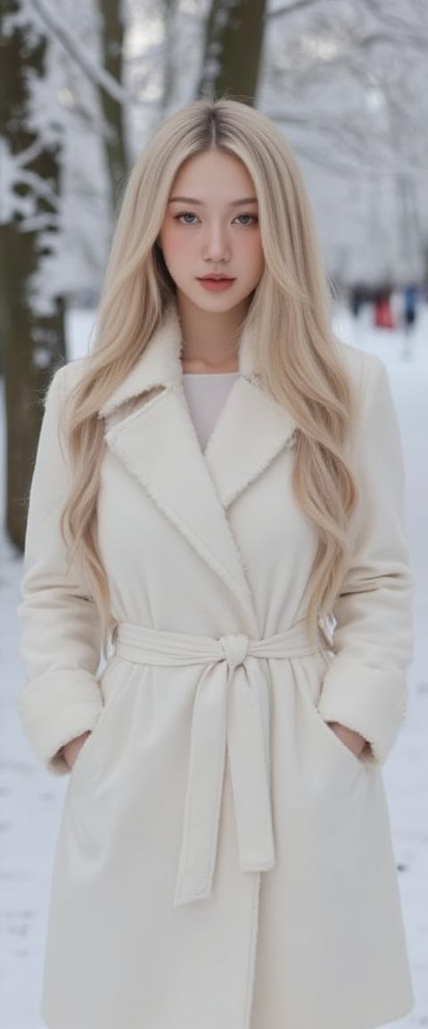 A stunning Scandinavian model stands confidently in a crisp winter wonderland setting, her long blonde hair blown back by the gentle breeze. She wears a fitted white coat with a faux fur trim, cinched at the waist by a wide leather belt. Her bright blue eyes sparkle under the soft glow of the snow-covered trees' twinkling lights.