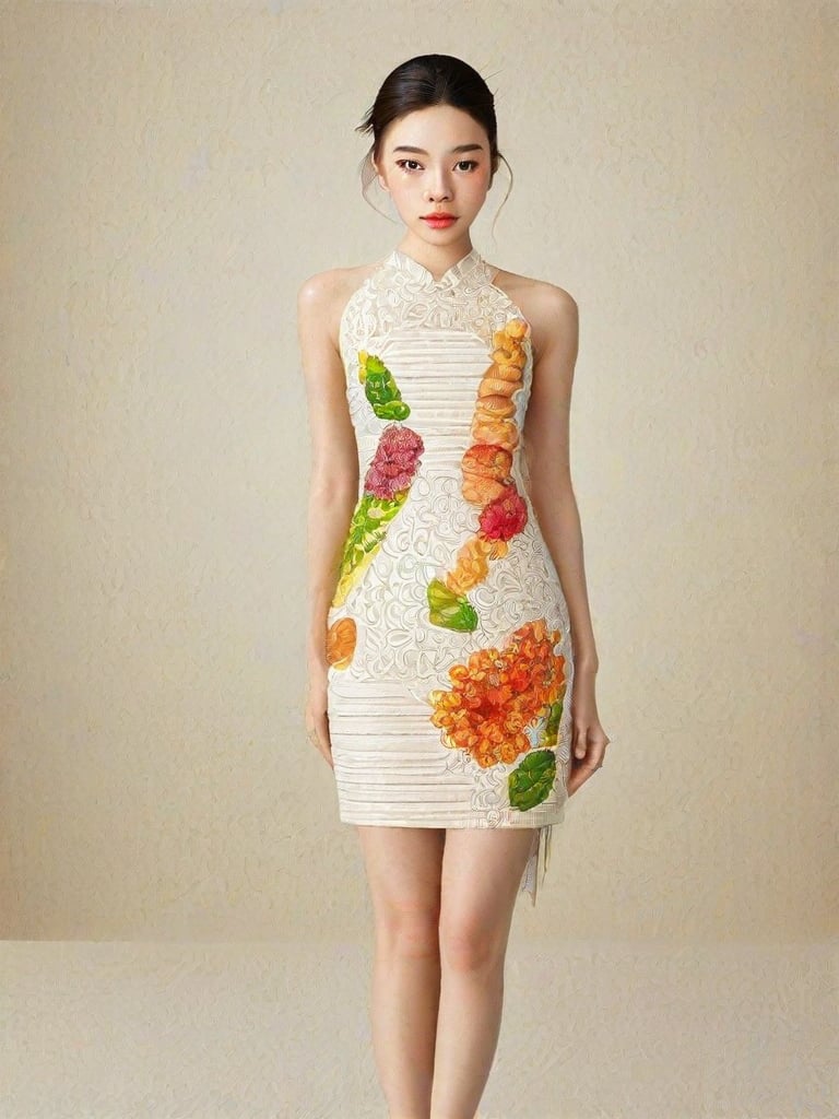 The image is an artistic representation of a female figure wearing a unique outfit. The outfit is a pencil dress that are designed to resemble a variety of the  Vietnamese white noodles, vegetables, meat, and sauces, arranged in a pattern that covers the entire garment. The figure is standing against a plain background with a textured appearance. Notable features include the detailed depiction of the food items on the clothing and the signature of the artist at the bottom right corner. The overall impression is one of creativity and fashion, blending the concept of clothing with culinary art.,Enhanced Realistic,Pho