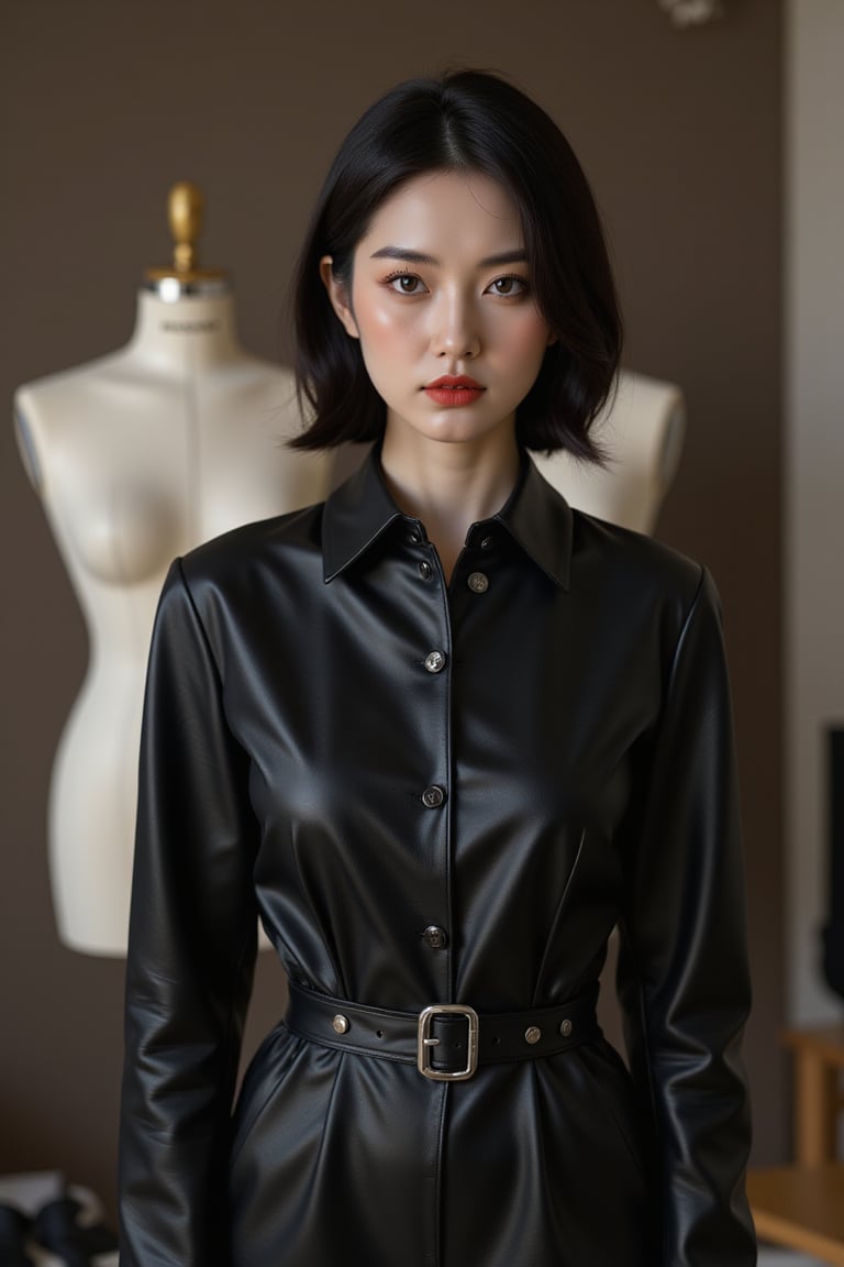 a woman dressed in a black leather jumpsuit stands in front of a backdrop of a mannequin. The woman's outfit is adorned with a black belt with a silver buckle, adding a pop of color to the scene. Her hair is styled in a sleek bob, and her eyes are focused on the viewer. The backdrop is blurred, creating a stark contrast to the black leather outfit.,wonder beauty