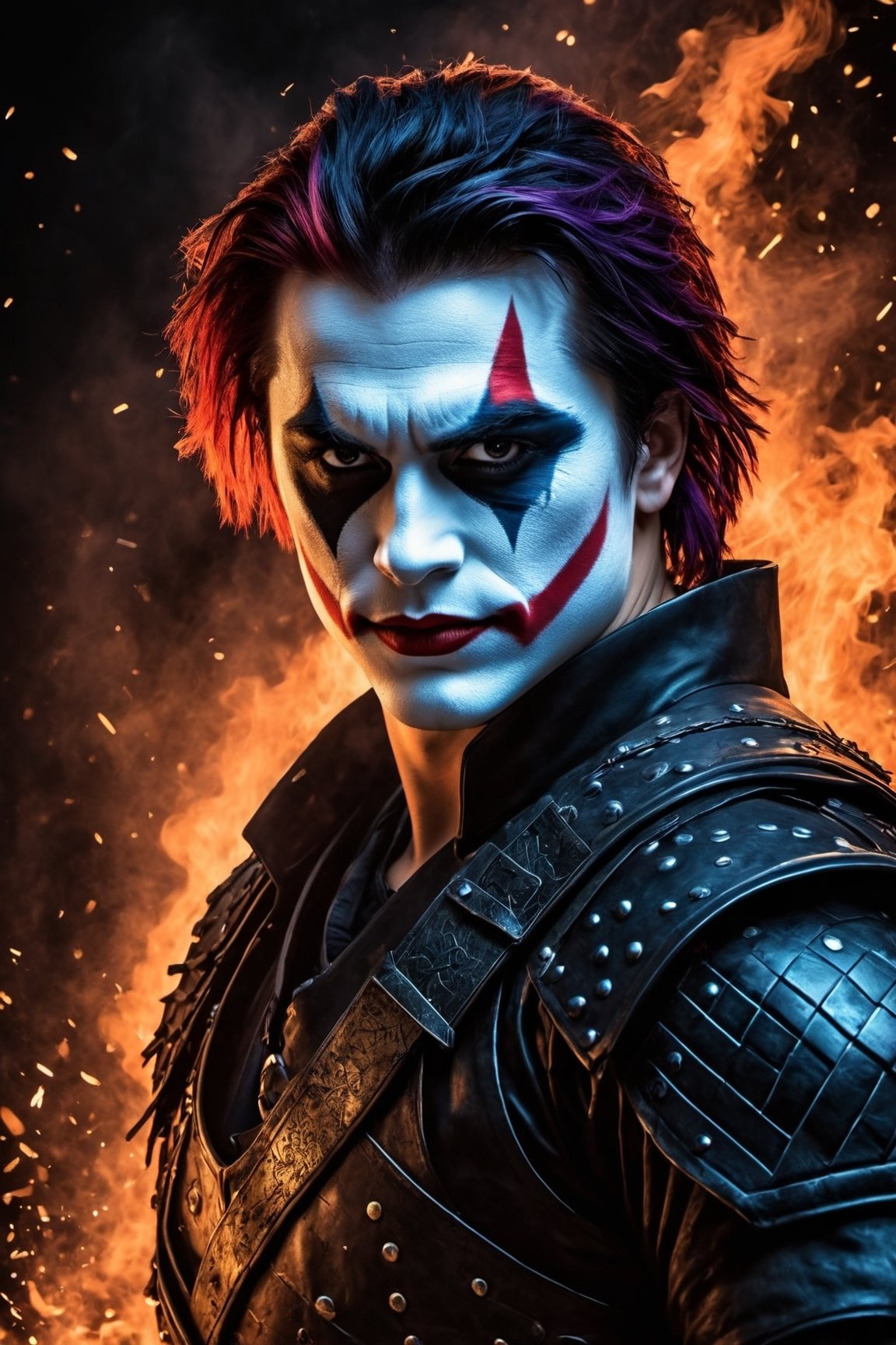 create art for a mug with Harley quin's face in Joker's makeup  with phrases,graphic design a mug, flat design,gotham street, colorful tones, highly detailed clean, vector image, professional photography, smoke explosion, simple background, flat black background , shiny vector ((black background)) color scheme: blue and black, expression: mysterious and haunting, size and shape of great sword: massive and double-edged, environment: fiery and chaotic, camera specs/model name: high-resolution DSLR, perspective: slightly low angle to emphasize the warrior's power, lighting: dramatic, with a spotlight illuminating the warrior's face and sword, depth of field: shallow, with the warrior in sharp focus and the fiery background slightly blurred, shutter speed: fast to capture the warrior's dynamic movement, photo quality: crisp and detailed, capturing the intricate details of the warrior's a


.,Leonardo style 