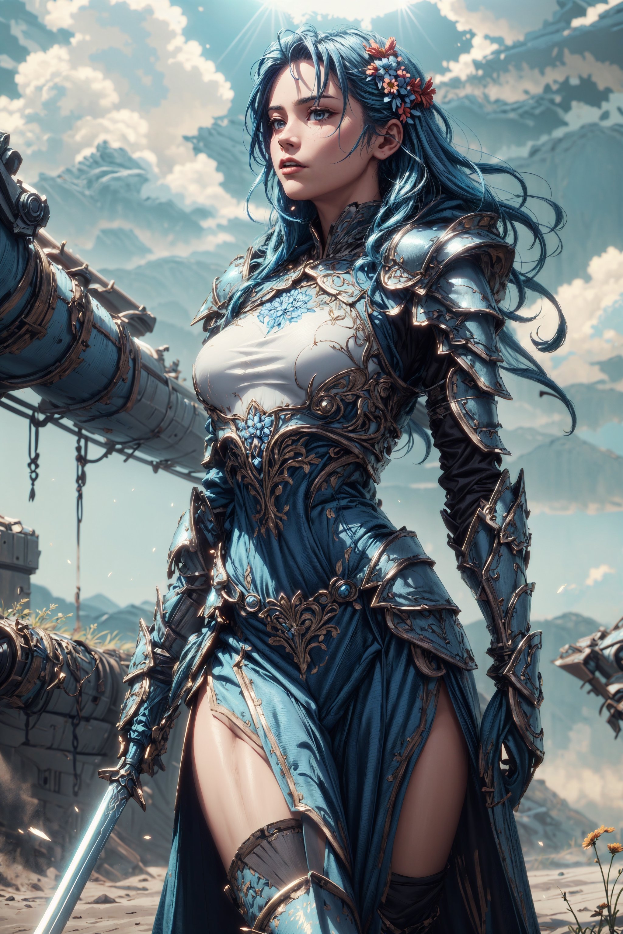 (4k), (masterpiece), (best quality),(extremely intricate), (realistic), (sharp focus), (cinematic lighting), (extremely detailed),

A girl knight in white plate armor with cerulean blue embroideries, walking across a battlefield, her sword raised in defiance. The sun is shining through her flowing long blue hair giving the scene a slightly blue tint.

,flower4rmor, flower warrior armor,Flower
,matwaretech, scifi, blue hues
,stealthtech
,glyphtech