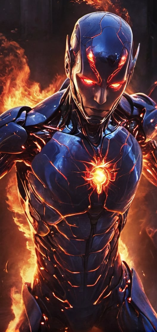 Create a image of Humanoid allien casting fire around him.male allien, red eyes , detailed face , futuristic , red and blue aura, dark lighting , ,flmngprsn,Ultron ,Monster