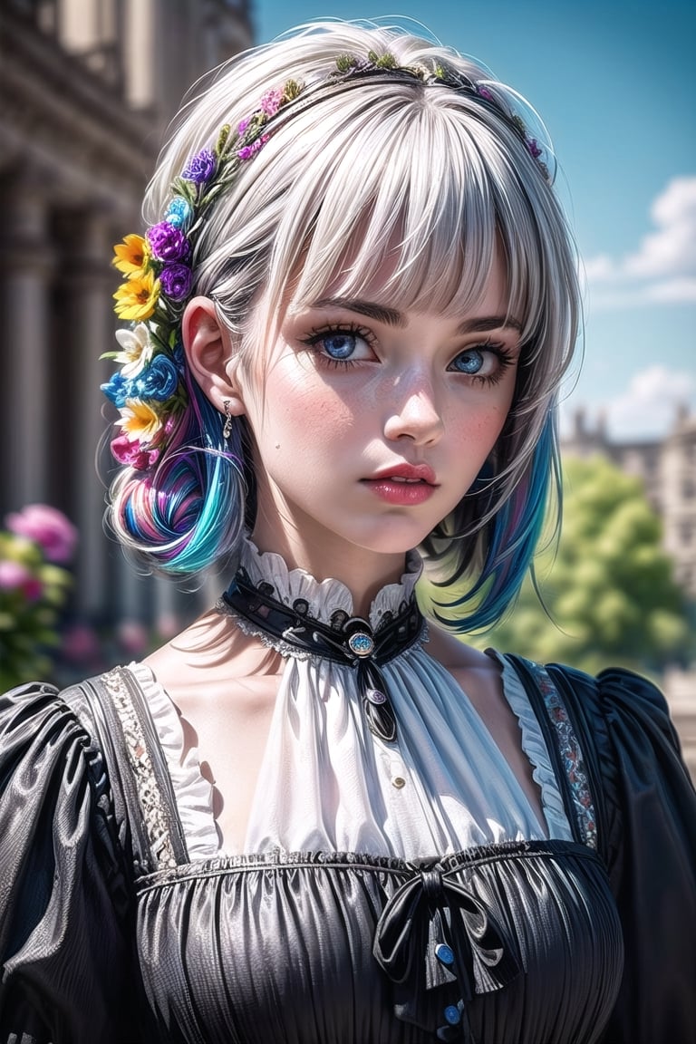 1 girl, silver-white hair, straight line cut bangs, flowers, outdoor, sky, extreme detailed, realistic, solo, beautifully detailed eyes, detailed fine nose, detailed fingers,
(masterpiece, top quality, best quality, official art, beautiful and aesthetic:1.2),(1girl:1.4), portrait,,extreme detailed,(fractal art:1.3),(colorful:1.5),highest detailed,(aristocracy:1.5),Anne