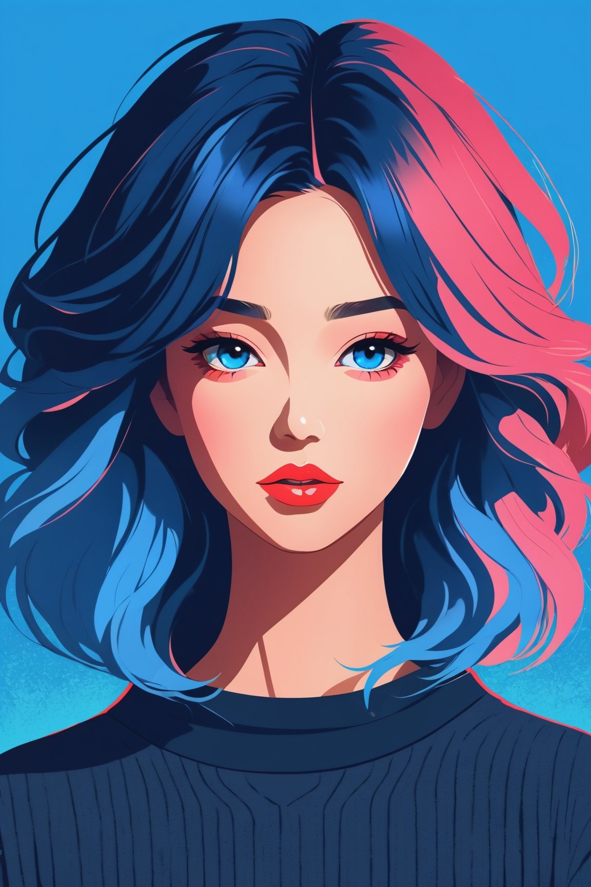 shadow flat vector art, illustrator, anime , realistic ,sketch , 1girl, ,lip, Sweater,order, Blue gradient background, Neon hair,Textured crop