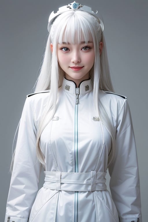 focus straight_shota,long hair,white hair wearing a white decorative army jacket. standing straight , she has a thick figure and has big large belly , light blue eyes,neutral smile face,terrific smile