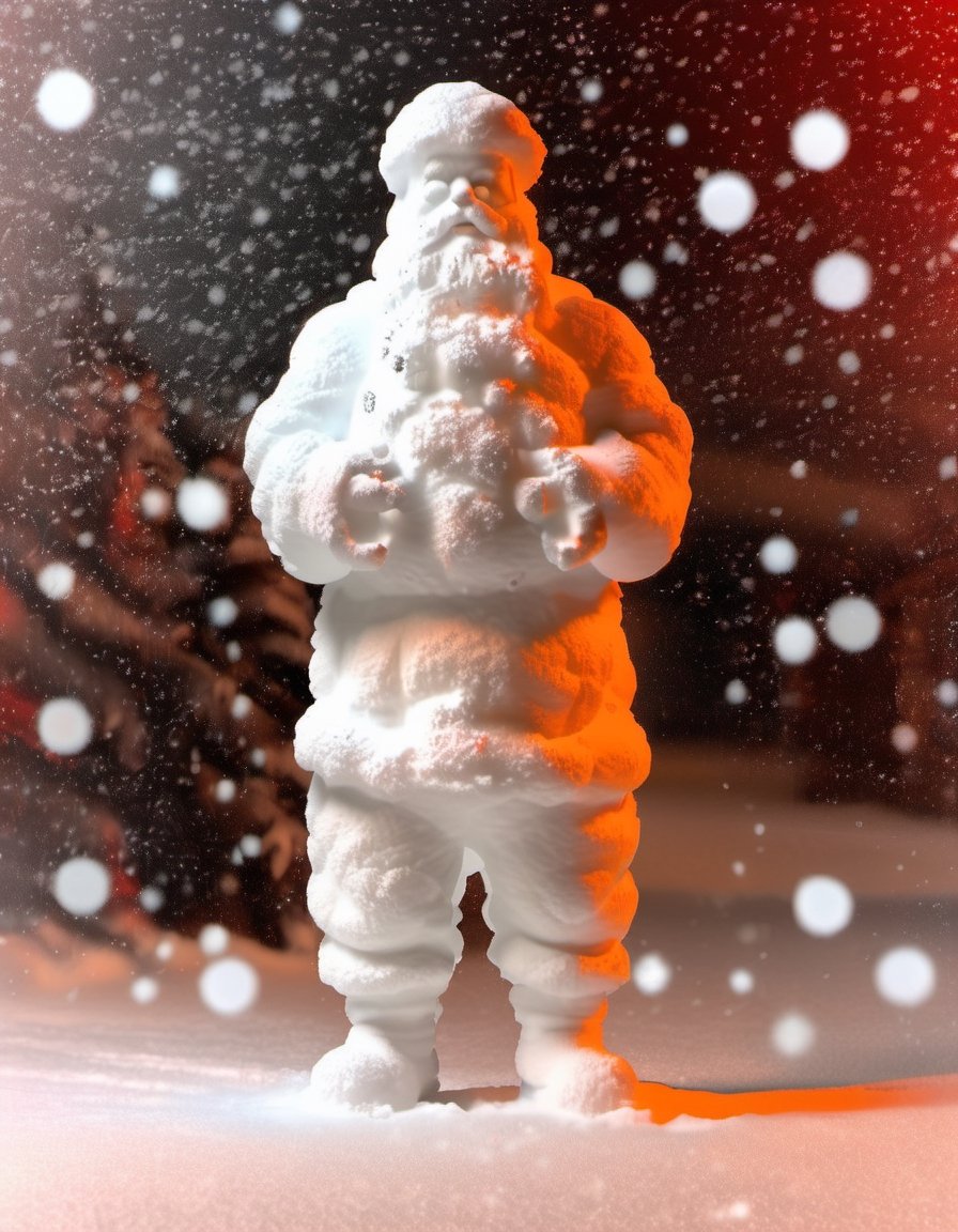  full-body photo of santa made of snow, north pole, cinematic, slightly red,made of snow