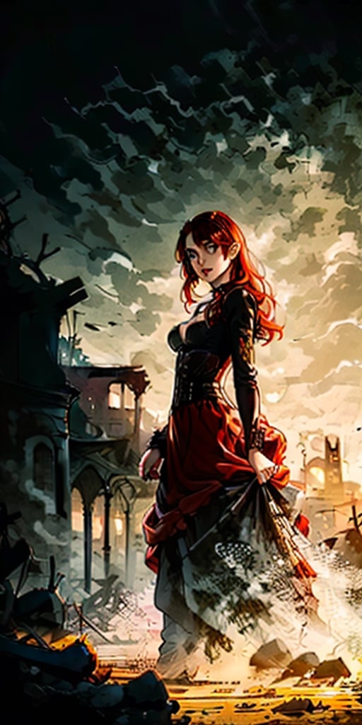 a vampire lady with ginger hair, light grey eyes with black mascara, and pale skin that juge you as an inferior being. She lives in the ruins of an old church. She wears a red dress with lots of lace. On top of it she has a black leather corset.
,RING,EpicArt