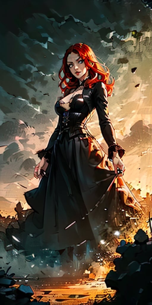 a vampire lady with ginger hair, light grey eyes with black mascara, and pale skin that juge you as an inferior being. She lives in the ruins of an old church. She wears a red dress with lots of lace. On top of it she has a black leather corset.
,RING,EpicArt