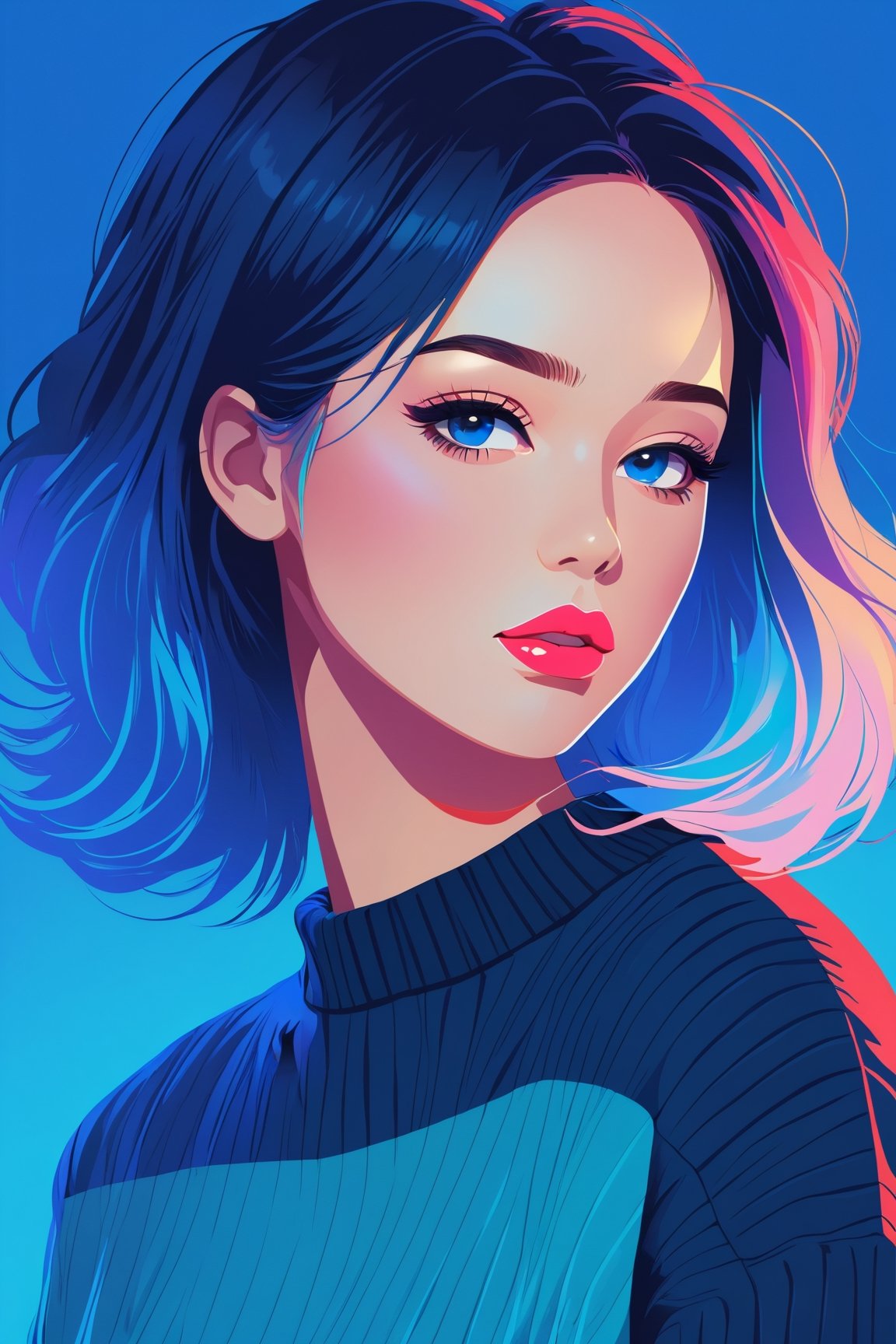 shadow flat vector art, illustrator, anime , realistic ,sketch , 1girl, ,lip, Sweater,order, Blue gradient background, Neon hair,Textured crop