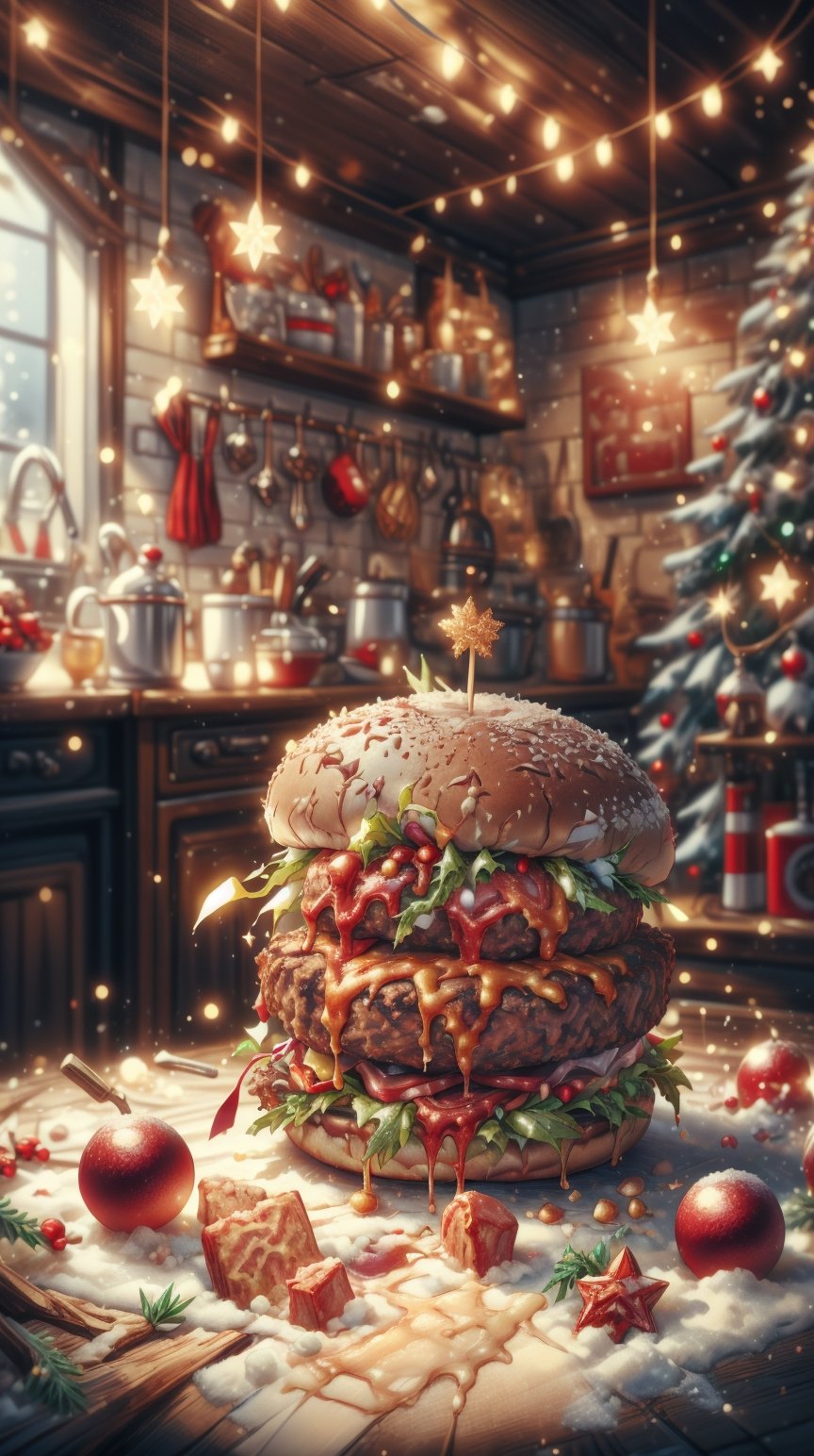  ChristmasWintery a juicy cheeseburger served in a nostalgic 1950s diner, (Masterpiece:1.3) (best quality:1.2) (high quality:1.1)