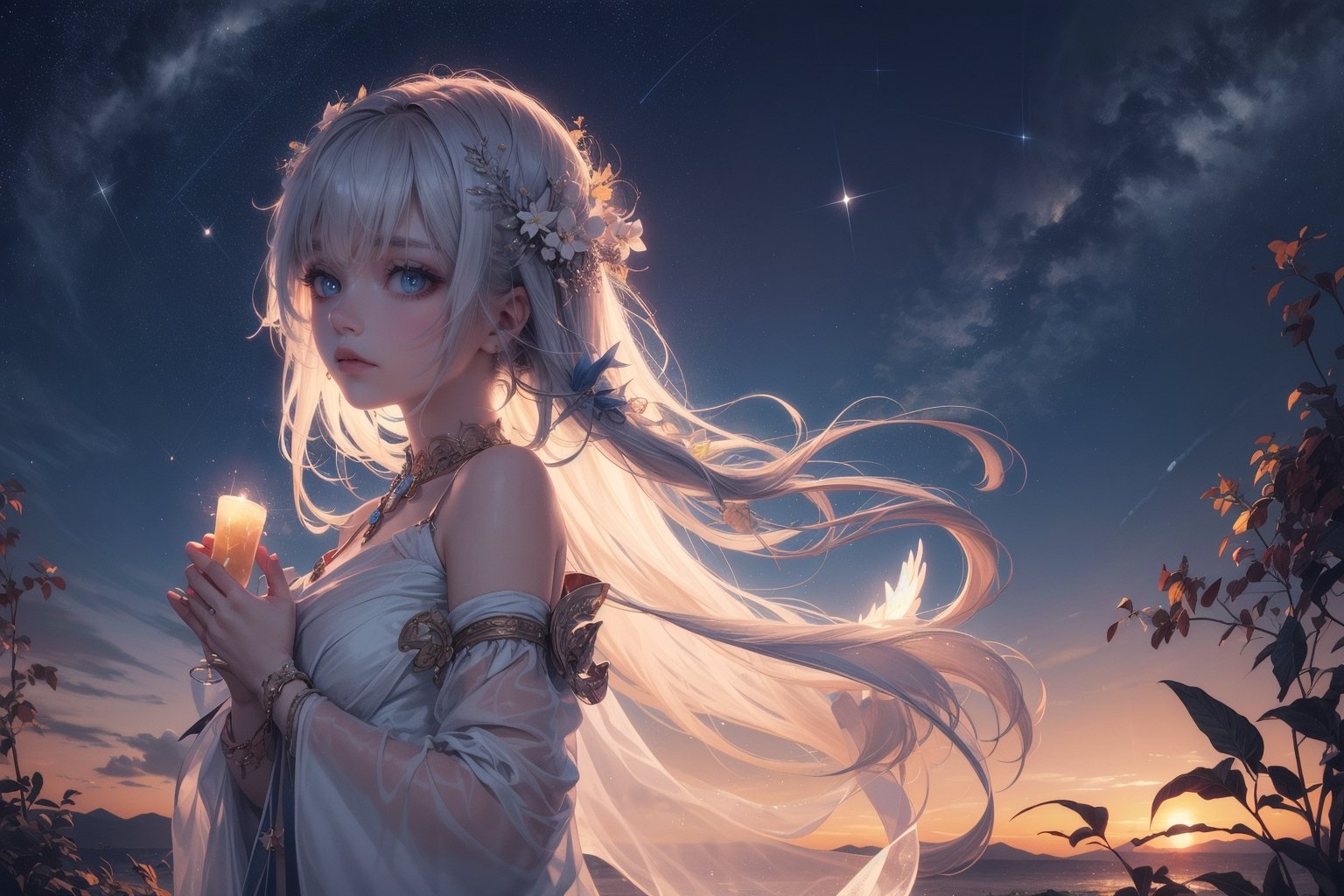 starrycontemplation,(bestquality),calm,(1girl),(stargazing),(enchantingeyes),(celestialhair:1.1),(sereneexpression),(nighttime),(starrysky:1.3),(peacefulvibes),(flowingattire)