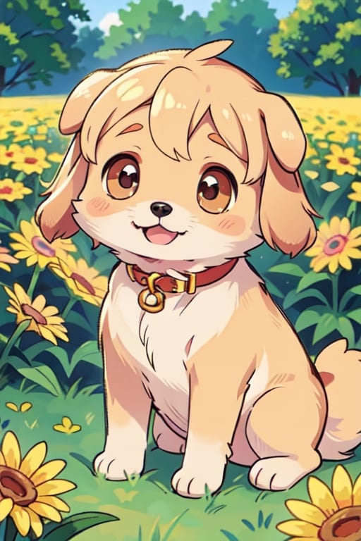 Cute tiny little dog 
golden retriever
puffy adorable
Adorable cute shiny 
Big eyes 
Very happy 
Realistic
Best quality
in a flower field
HDR
Hiper detalied 